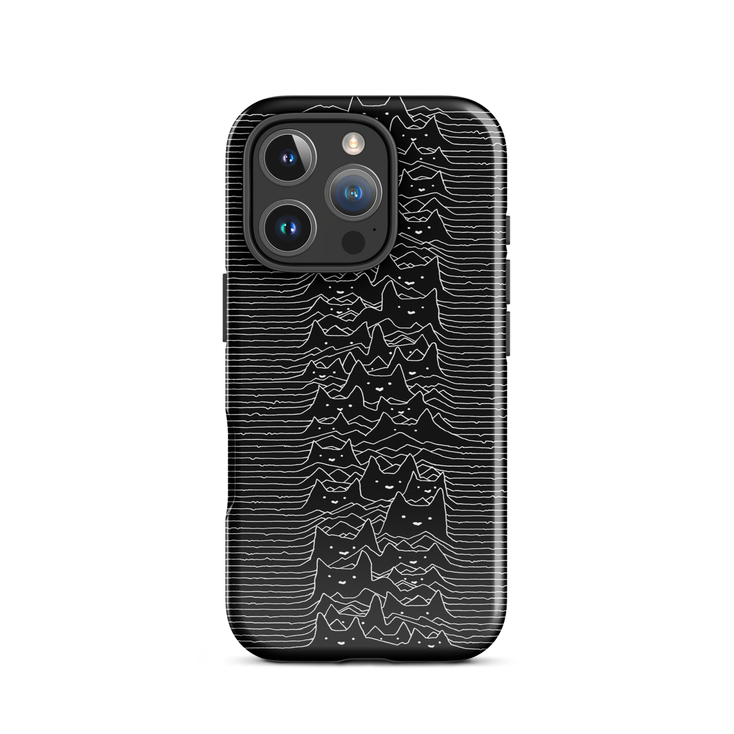 The drawing is a series of continuous wavy lines forming a pattern reminiscent of sound waves or topographic maps, but with an unexpected twist: the lines create the shapes of numerous cat faces stacked vertically. Each cat has simple, expressive features with pointed ears, adding a whimsical element to the otherwise structured pattern.