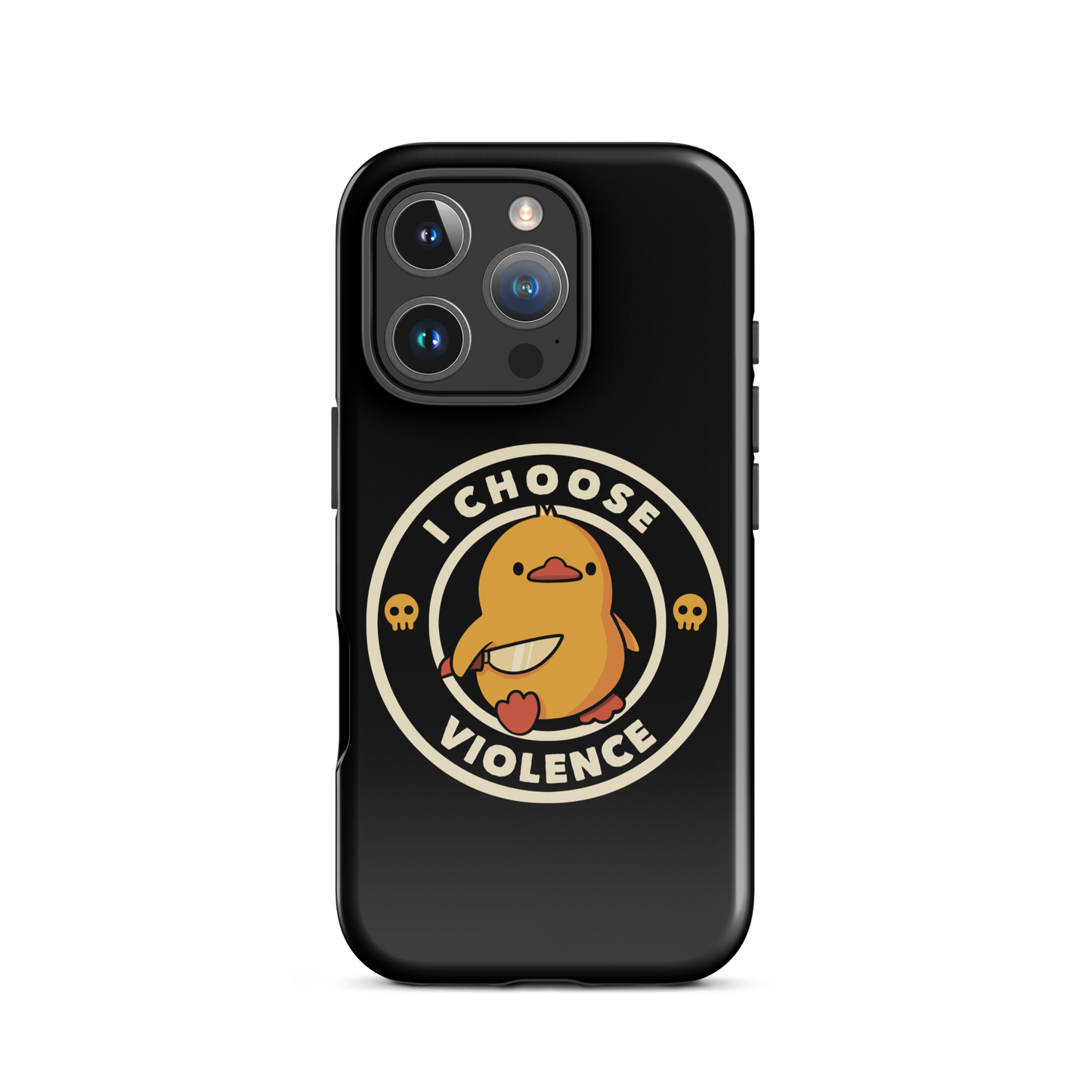 A cute, cartoon-style yellow duckling stands confidently holding a large knife in its wing. The duckling is encircled by text saying 'I CHOOSE VIOLENCE' in bold white letters. Small skull symbols flank the chick on either side, adding a touch of humor and irony to the otherwise adorable drawing.