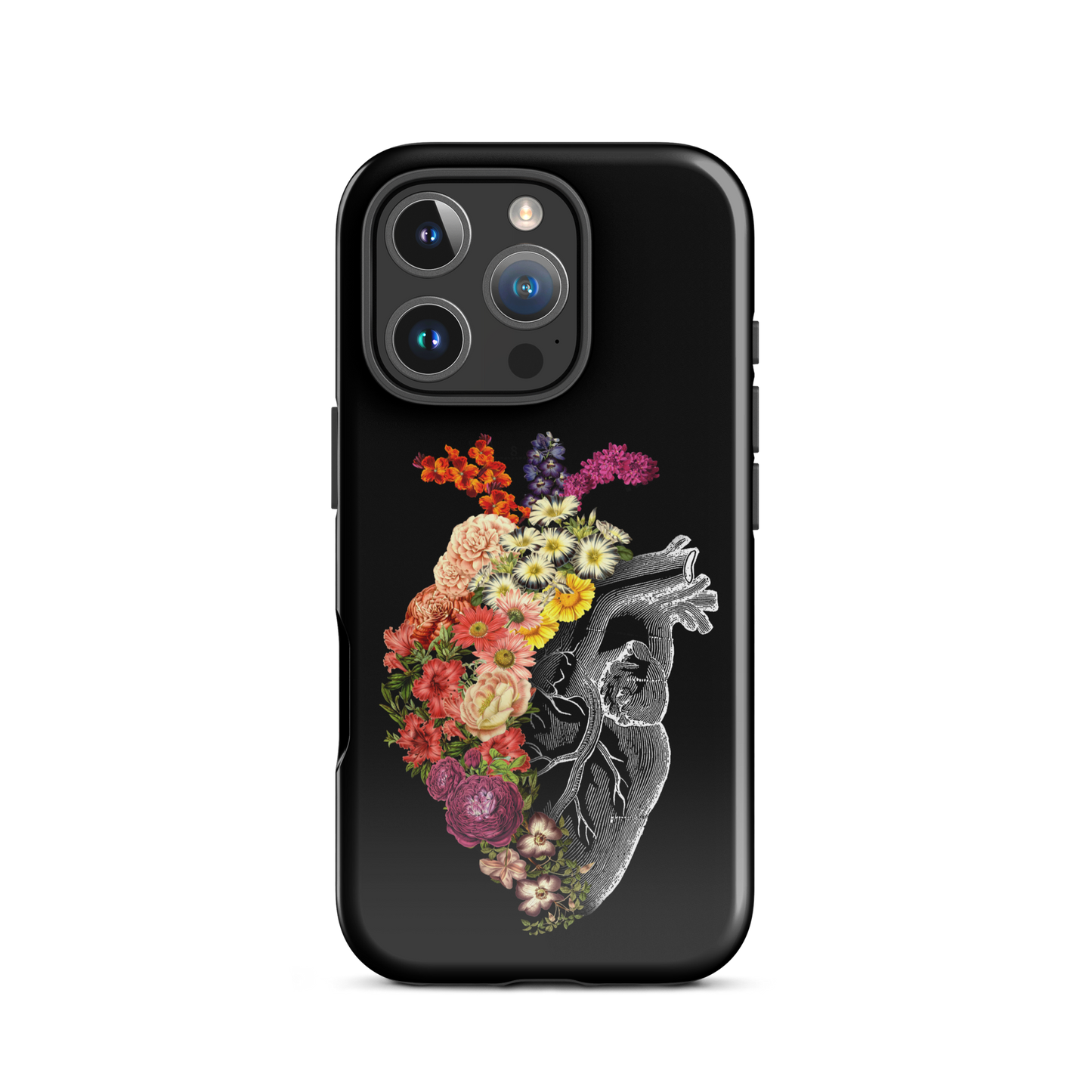 The design is an intricate and anatomical drawing of a human heart on a black background. The left side of the heart morphs into a vibrant assortment of colorful flowers, including roses, daisies, and other blooming blossoms, creating a striking contrast between the realistic and the surreal, symbolizing the harmony between nature and humanity.