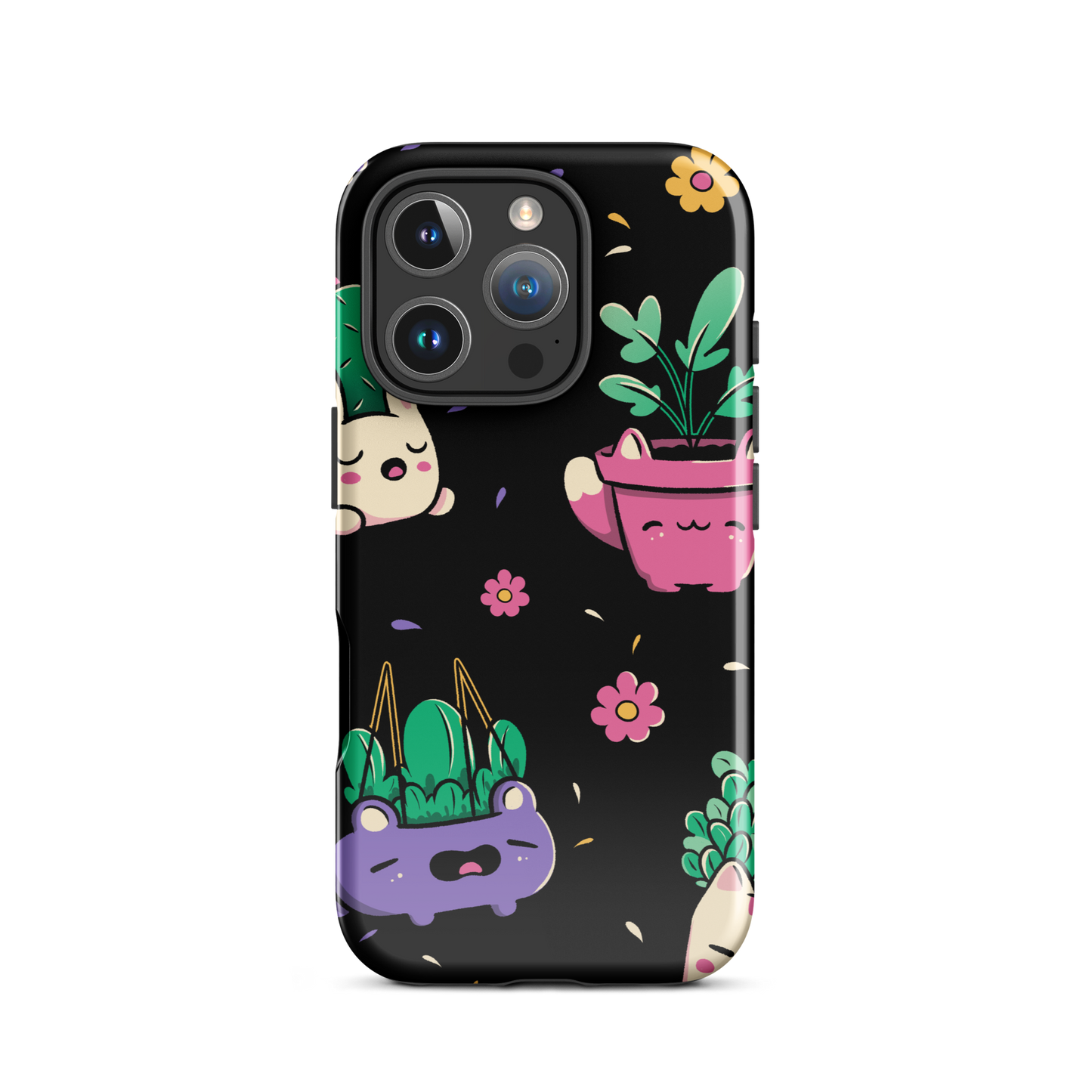 An endearing pattern featuring petite potted plants creatively shaped like adorable animals, arranged in a charming repeating composition. This enchanting design is perfect for plant enthusiasts who adore greenery and love surrounding themselves with whimsical, nature-inspired details.