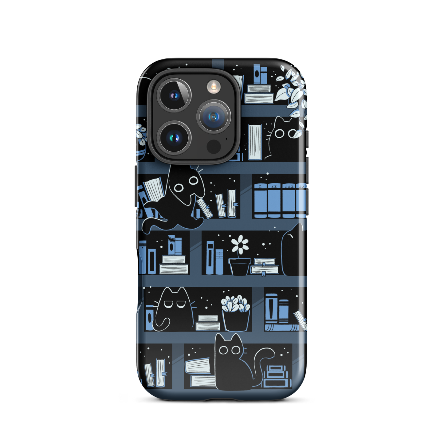 A pattern designed to resemble one large bookshelf filled with books, plants and playful little black kittens tucked between the shelves. An artwork in shades of black and blue, perfect for those who love cats, books and plants.