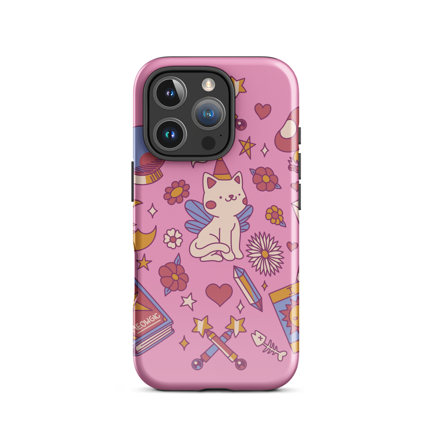 The artwork depicts a magical kitten with wings and a little hat, surrounded by crystals, flowers, tarot cards, mushrooms, and mystical elements in pastel shades. The design blends cute fantasy with colorful witchy aesthetics, creating an enchanting, lighthearted composition full of fun details. Perfect for lovers of cute mysticism, tarot, magical cats, and anyone who enjoys colorful prints with a magical vibe.