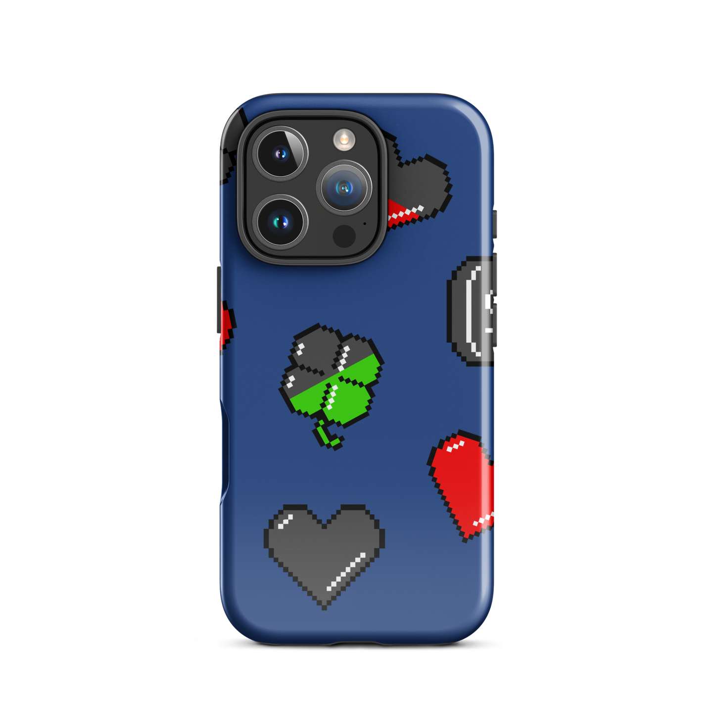 A repeating pattern made of 8-bit video game icons like hearts, four-leaf clovers, and coins. A nostalgic pixel art design inspired by classic games and retro digital culture.