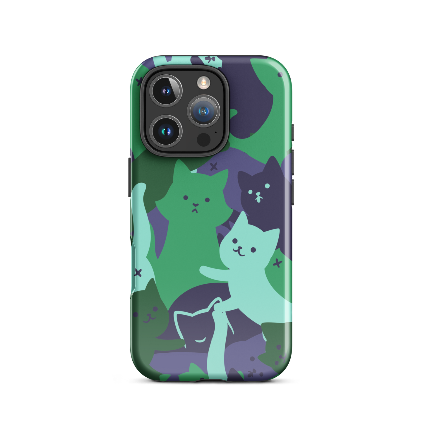 A playful pattern featuring multiple kittens in shades of green and blue, arranged to create a soft camouflage effect. This design blends cute cats with a modern pattern aesthetic, perfect for fans of fun, stylish, and whimsical art.