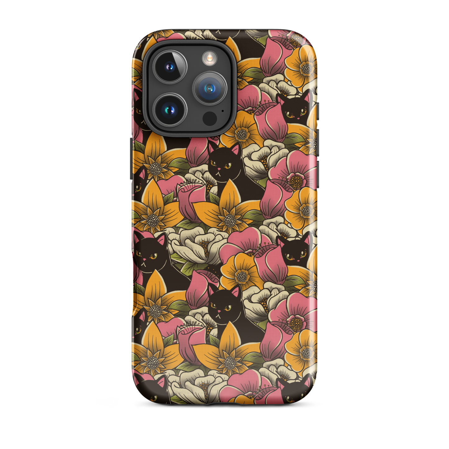 The image features a repeating pattern of colorful flowers in pink, yellow, and cream hues with lush green foliage. Interspersed among the flowers are playful black cats with bright eyes. The design has a whimsical and vibrant feel, ideal for various products like t-shirts, stickers, coffee cups, and skateboards. The style is reminiscent of traditional floral art blended with playful elements of animal decor.