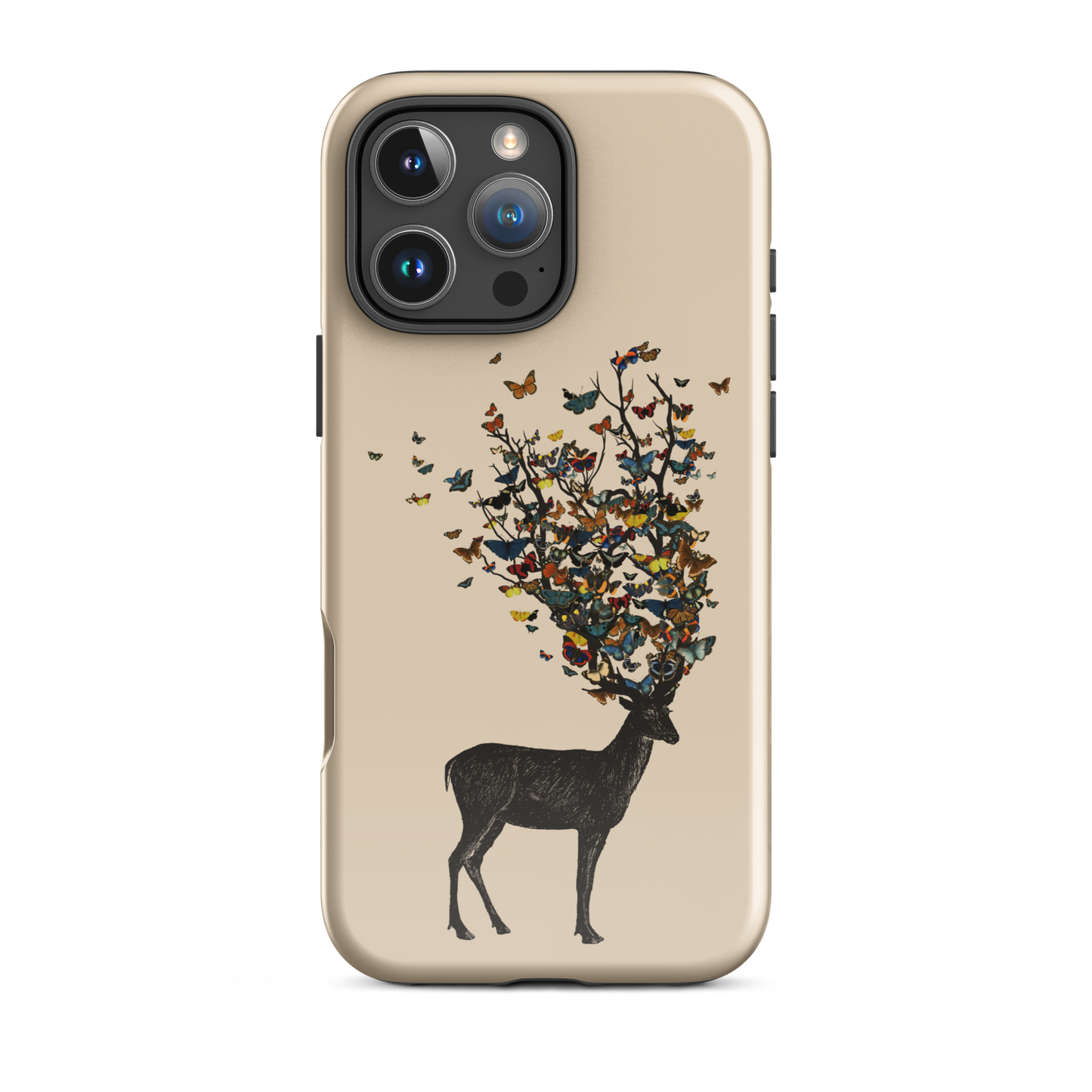 The image depicts a dark, silhouetted deer standing on a neutral background. Instead of branches, its antlers transform into a swirling cloud of vibrant, colorful butterflies that extend upwards and outward. The mix of organic and ethereal elements creates a captivating and whimsical visual contrast.