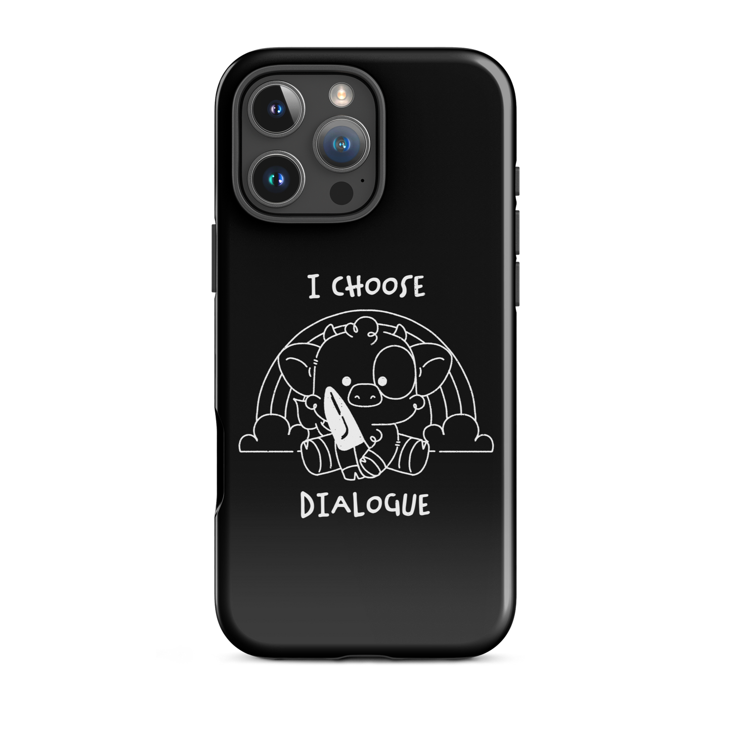 An adorable cow holds a knife while sitting in front of a rainbow, accompanied by the phrase “I Choose Dialogue.” This design combines sweetness and irony to create a fun and unexpected contrast. It’s a great gift for those who enjoy subtle humor and designs that combine cuteness with a touch of irreverence.
