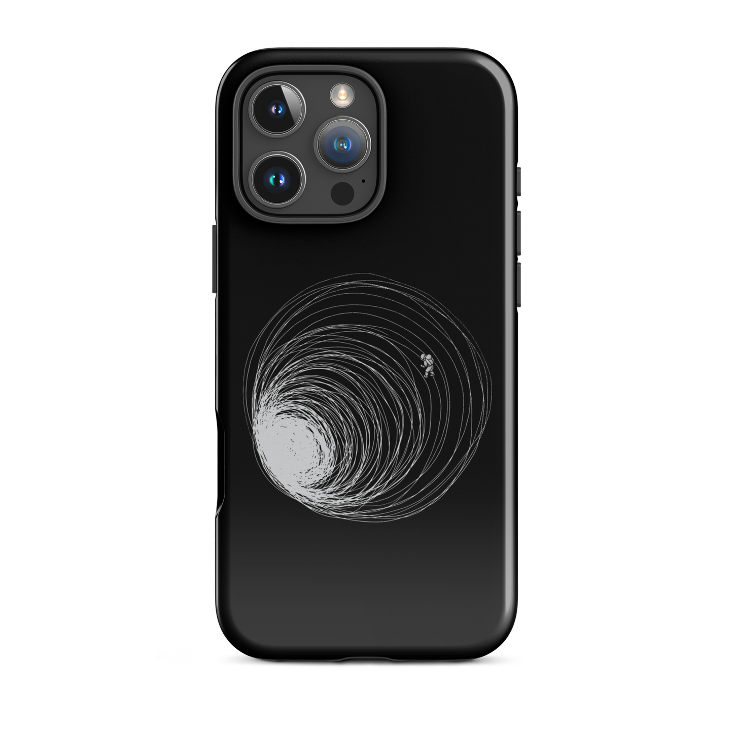 A big black hole with an astronaut floating around as if being sucked into it. A minimalist art perfect for those who love space.