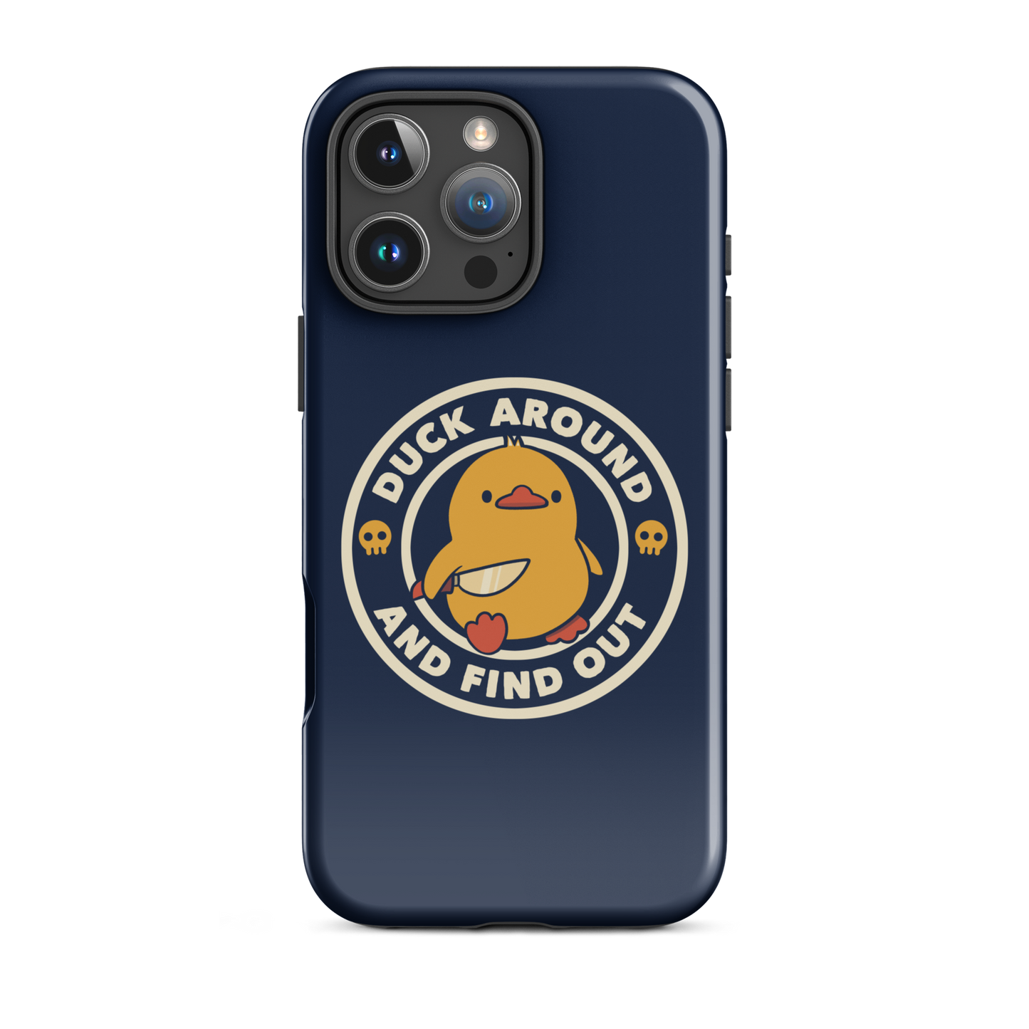 A cute yellow duck holding a small knife, around it the text "Duck Around And Find Out". An art that mixes humor with the temperament of ducks.