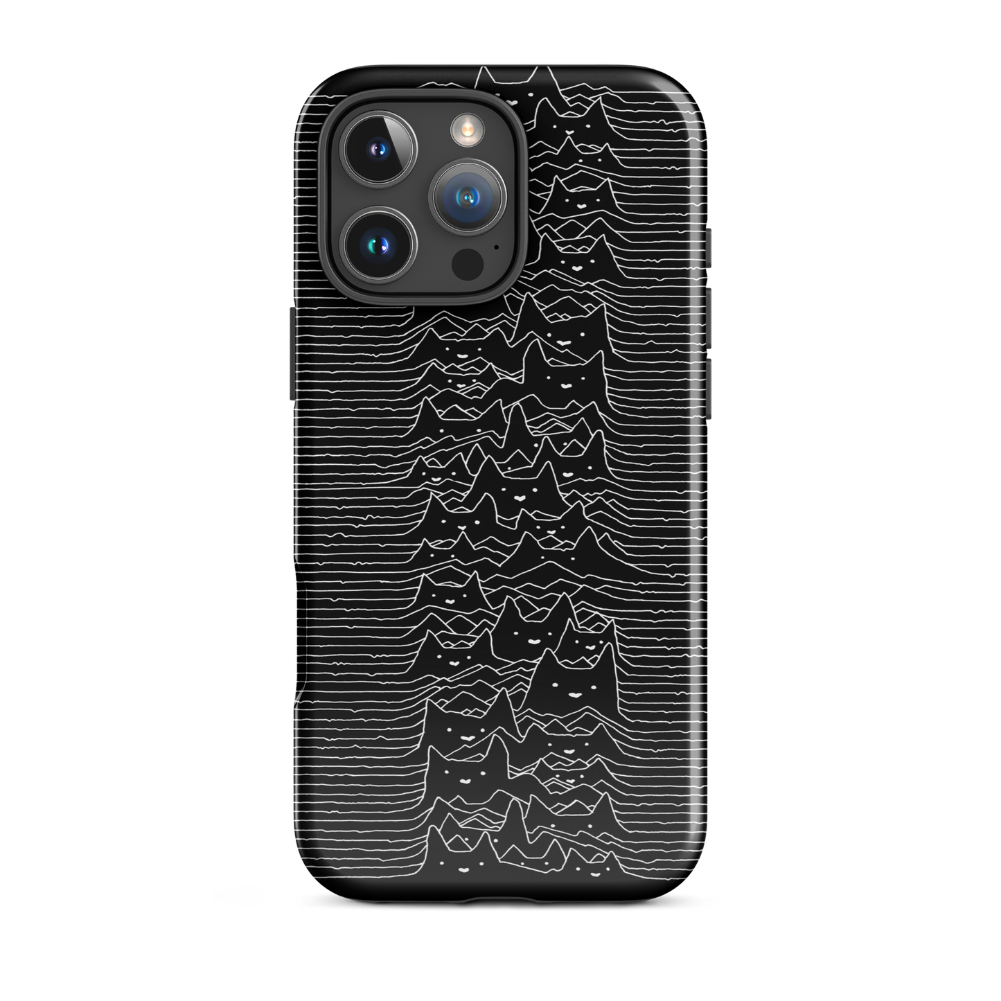 The drawing is a series of continuous wavy lines forming a pattern reminiscent of sound waves or topographic maps, but with an unexpected twist: the lines create the shapes of numerous cat faces stacked vertically. Each cat has simple, expressive features with pointed ears, adding a whimsical element to the otherwise structured pattern.