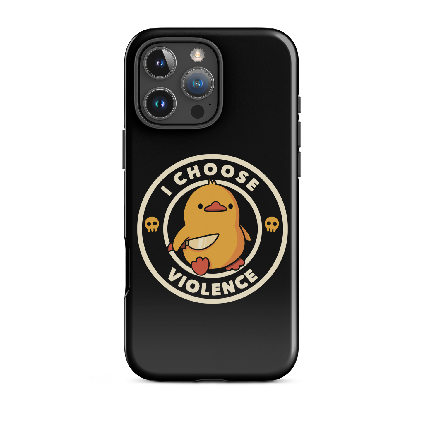 A cute, cartoon-style yellow duckling stands confidently holding a large knife in its wing. The duckling is encircled by text saying 'I CHOOSE VIOLENCE' in bold white letters. Small skull symbols flank the chick on either side, adding a touch of humor and irony to the otherwise adorable drawing.