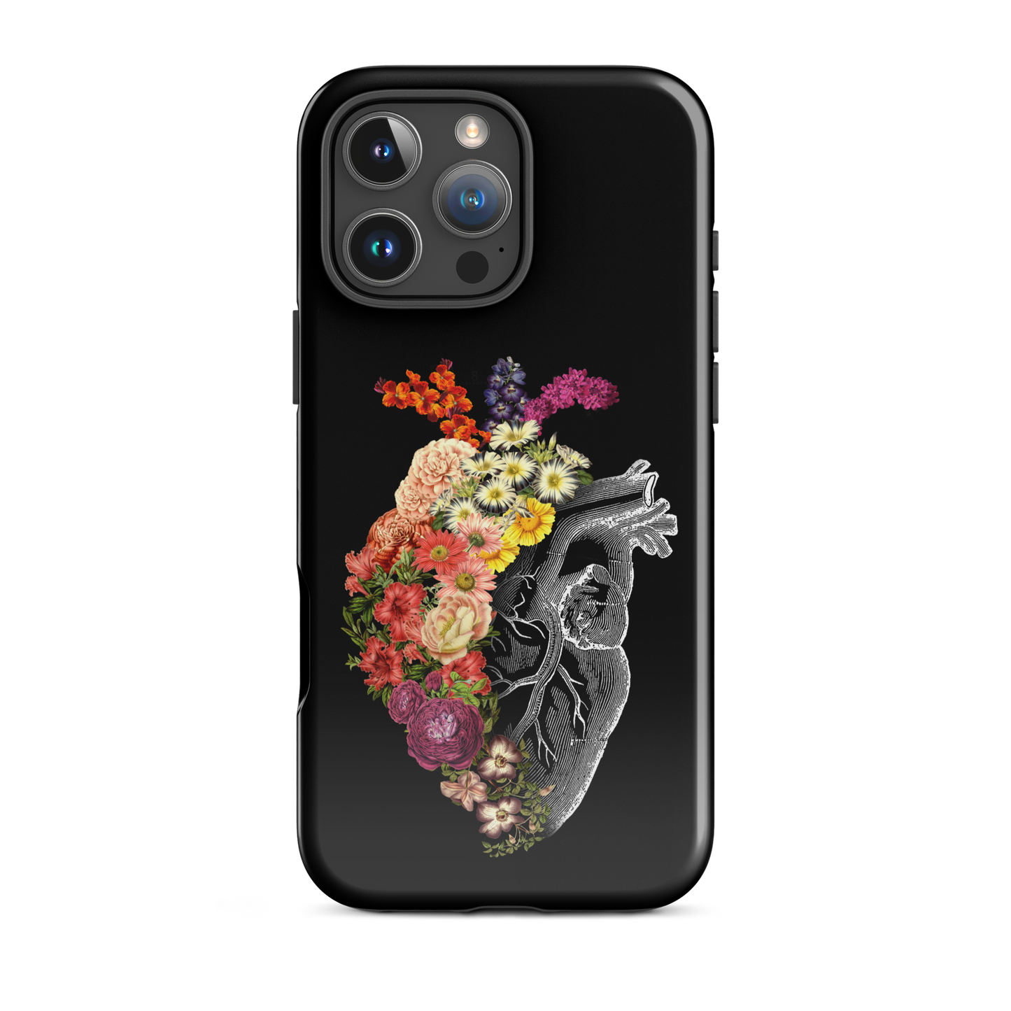 The design is an intricate and anatomical drawing of a human heart on a black background. The left side of the heart morphs into a vibrant assortment of colorful flowers, including roses, daisies, and other blooming blossoms, creating a striking contrast between the realistic and the surreal, symbolizing the harmony between nature and humanity.
