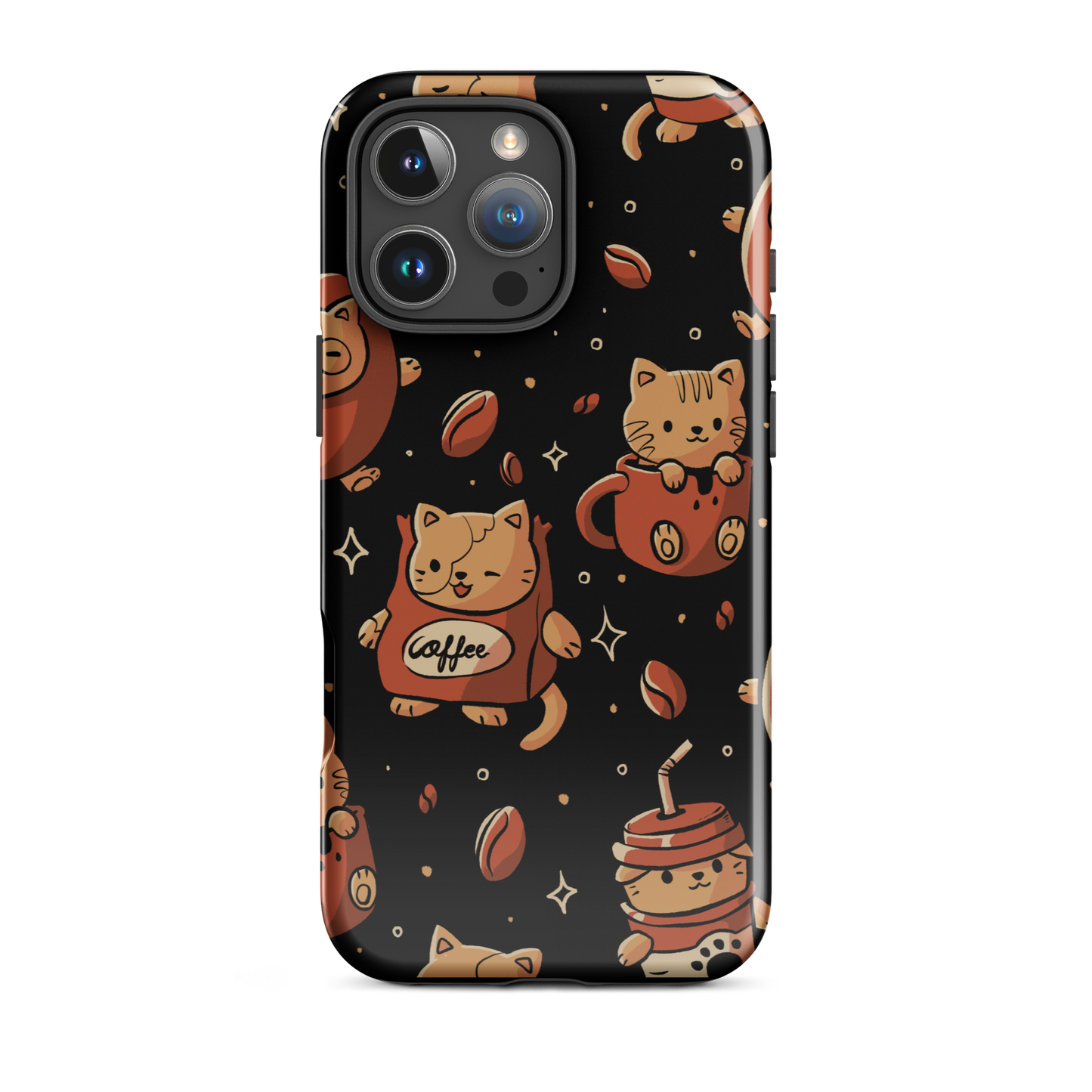A pattern featuring several cute kittens appears in different coffee-themed versions: inside cups, as coffee beans, and on playful packaging. This artwork combines a love for cats and coffee in a charming and humorous composition. Perfect for cat lovers, coffee lovers, baristas, and anyone who enjoys cute and cozy designs.
