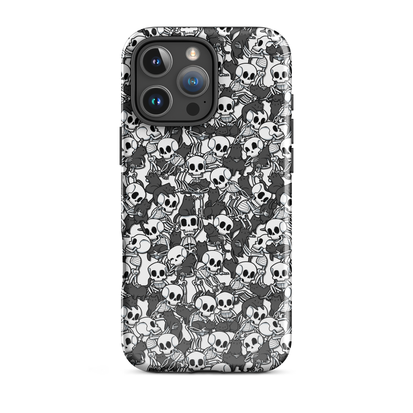 This artwork shows a playful pattern of cartoon skeletons cuddling and interacting with adorable black cats. It blends spooky charm with cozy, humorous vibes, creating a perfect aesthetic between macabre and cute. Ideal for fans of Halloween, gothic aesthetics, or anyone who loves fun prints with personality.