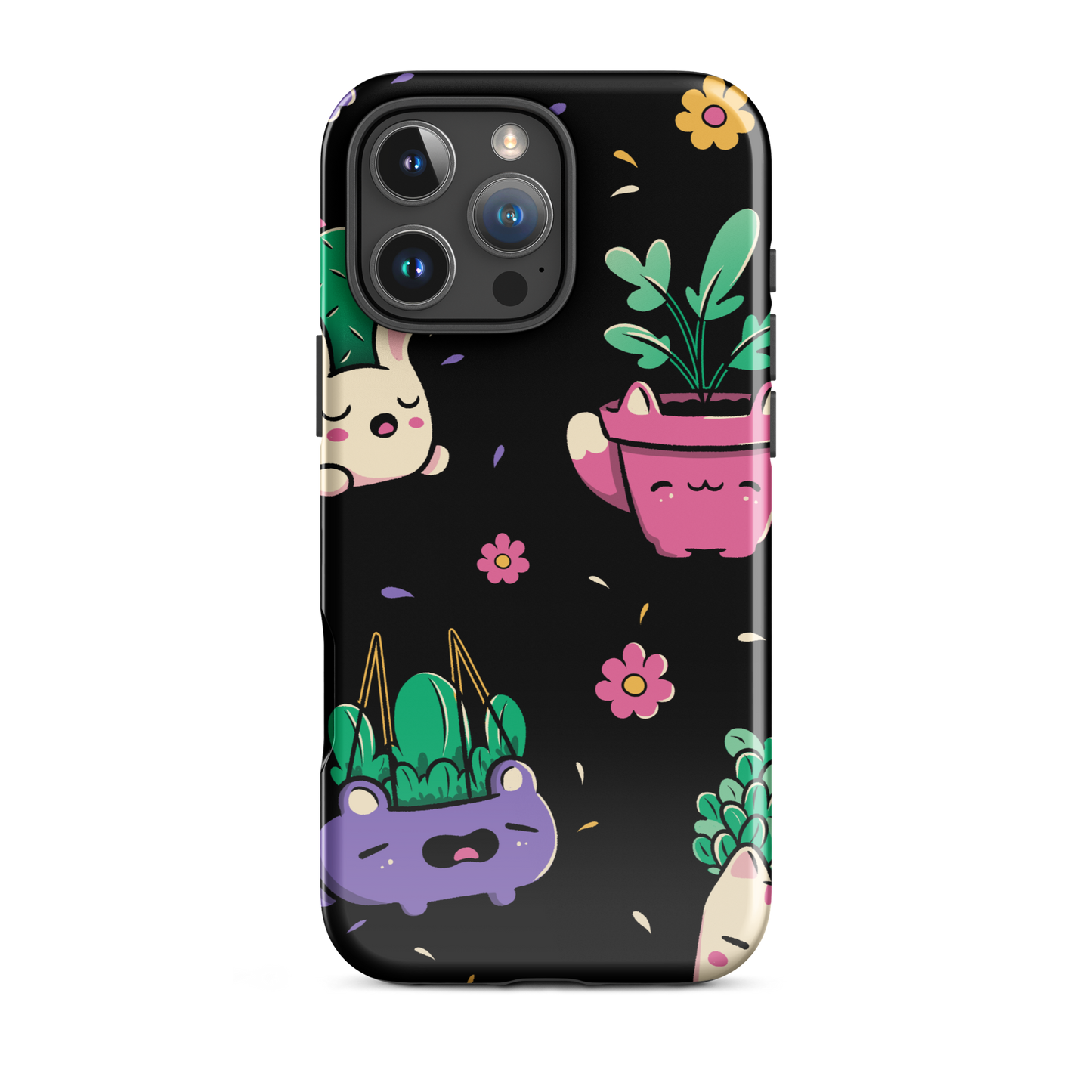 An endearing pattern featuring petite potted plants creatively shaped like adorable animals, arranged in a charming repeating composition. This enchanting design is perfect for plant enthusiasts who adore greenery and love surrounding themselves with whimsical, nature-inspired details.