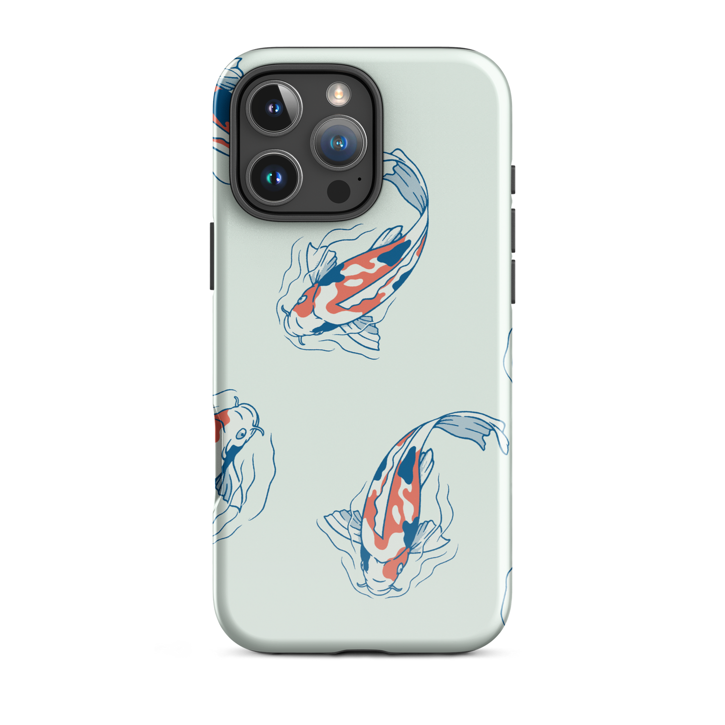 A pattern featuring koi fish gracefully swimming across a calm blue pond. A minimalist design inspired by Japanese illustration, bringing a gentle sense of peace and serenity.