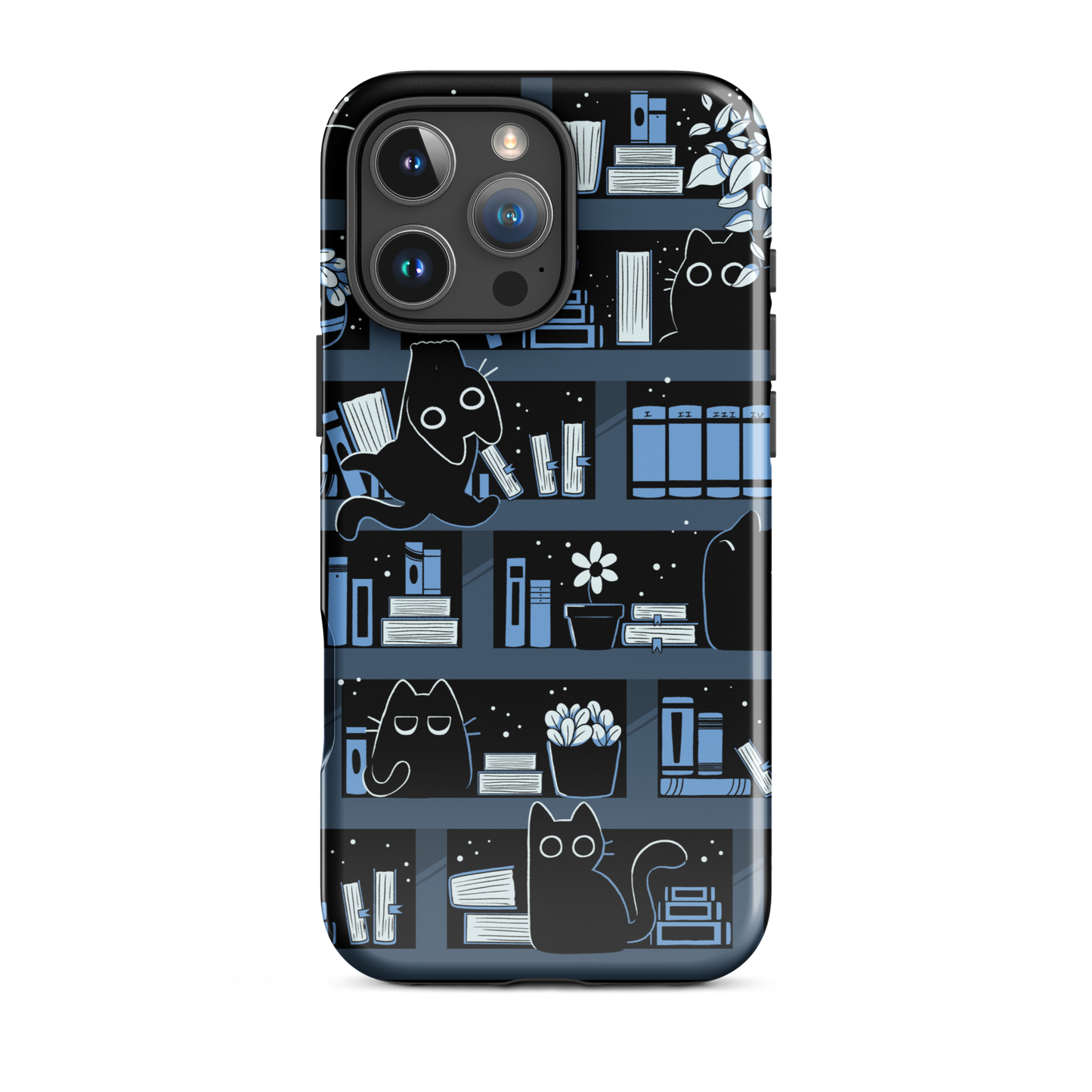A pattern designed to resemble one large bookshelf filled with books, plants and playful little black kittens tucked between the shelves. An artwork in shades of black and blue, perfect for those who love cats, books and plants.