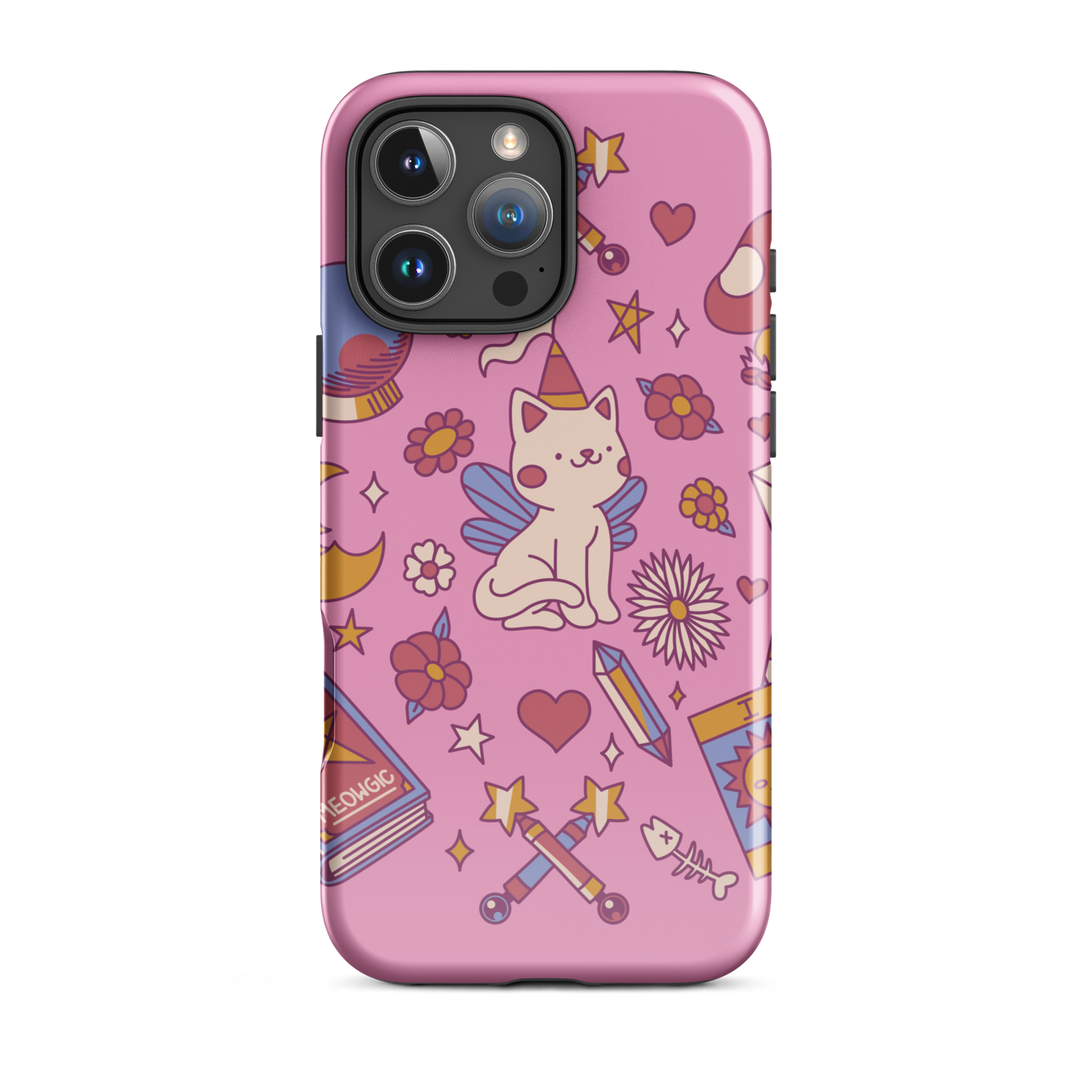 The artwork depicts a magical kitten with wings and a little hat, surrounded by crystals, flowers, tarot cards, mushrooms, and mystical elements in pastel shades. The design blends cute fantasy with colorful witchy aesthetics, creating an enchanting, lighthearted composition full of fun details. Perfect for lovers of cute mysticism, tarot, magical cats, and anyone who enjoys colorful prints with a magical vibe.