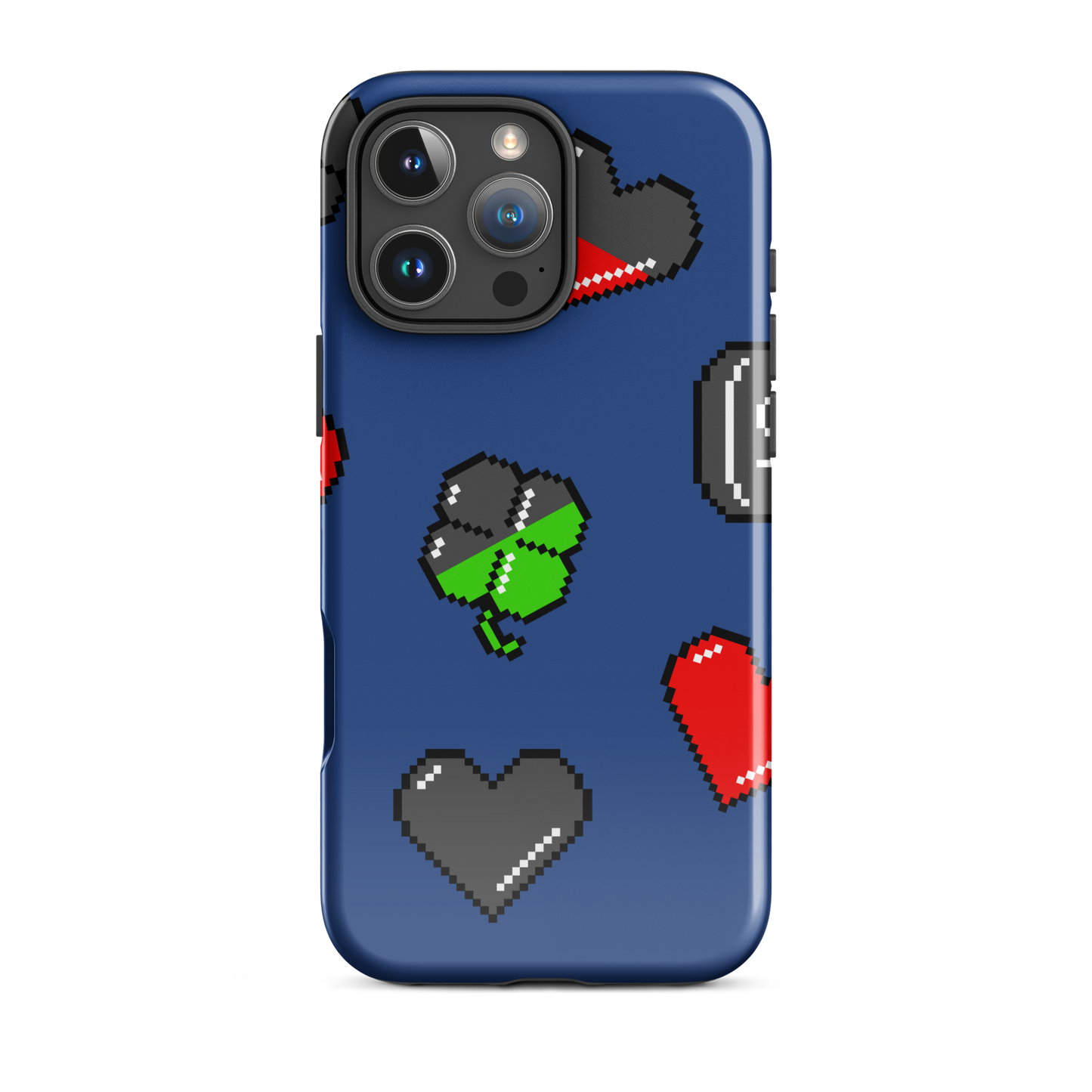 A repeating pattern made of 8-bit video game icons like hearts, four-leaf clovers, and coins. A nostalgic pixel art design inspired by classic games and retro digital culture.