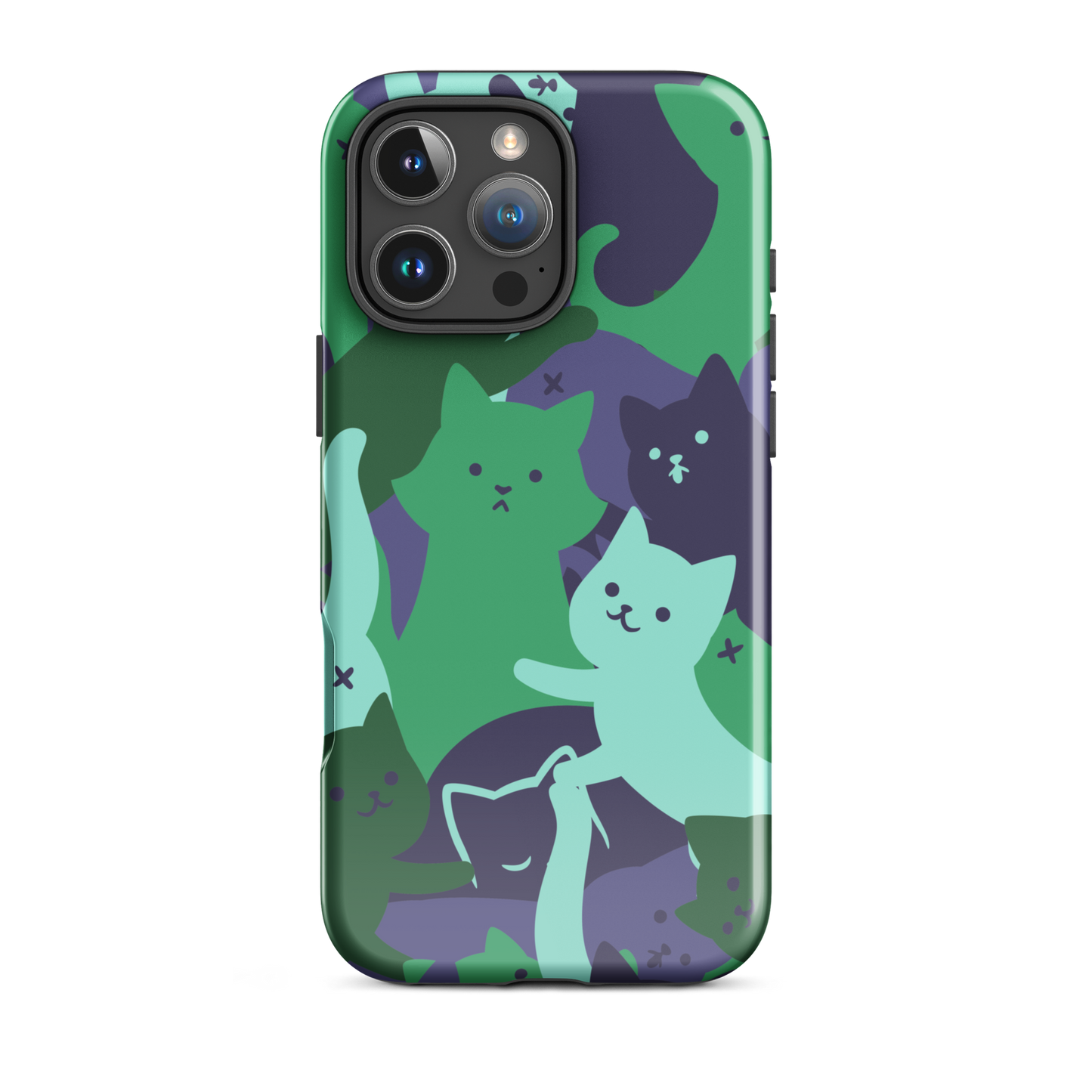 A playful pattern featuring multiple kittens in shades of green and blue, arranged to create a soft camouflage effect. This design blends cute cats with a modern pattern aesthetic, perfect for fans of fun, stylish, and whimsical art.