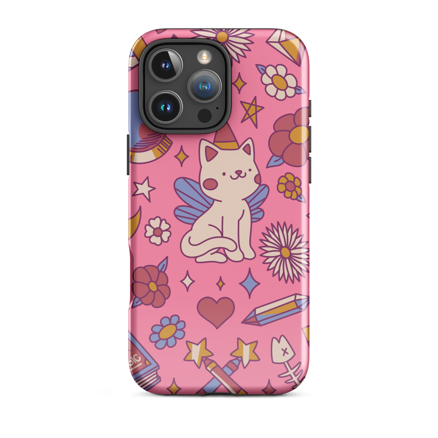 A seamless pattern featuring a magical winged kitten surrounded by crystals, flowers, tarot cards, mushrooms and other mystical elements in soft pastel tones. A playful and whimsical design with a cute, magical vibe.