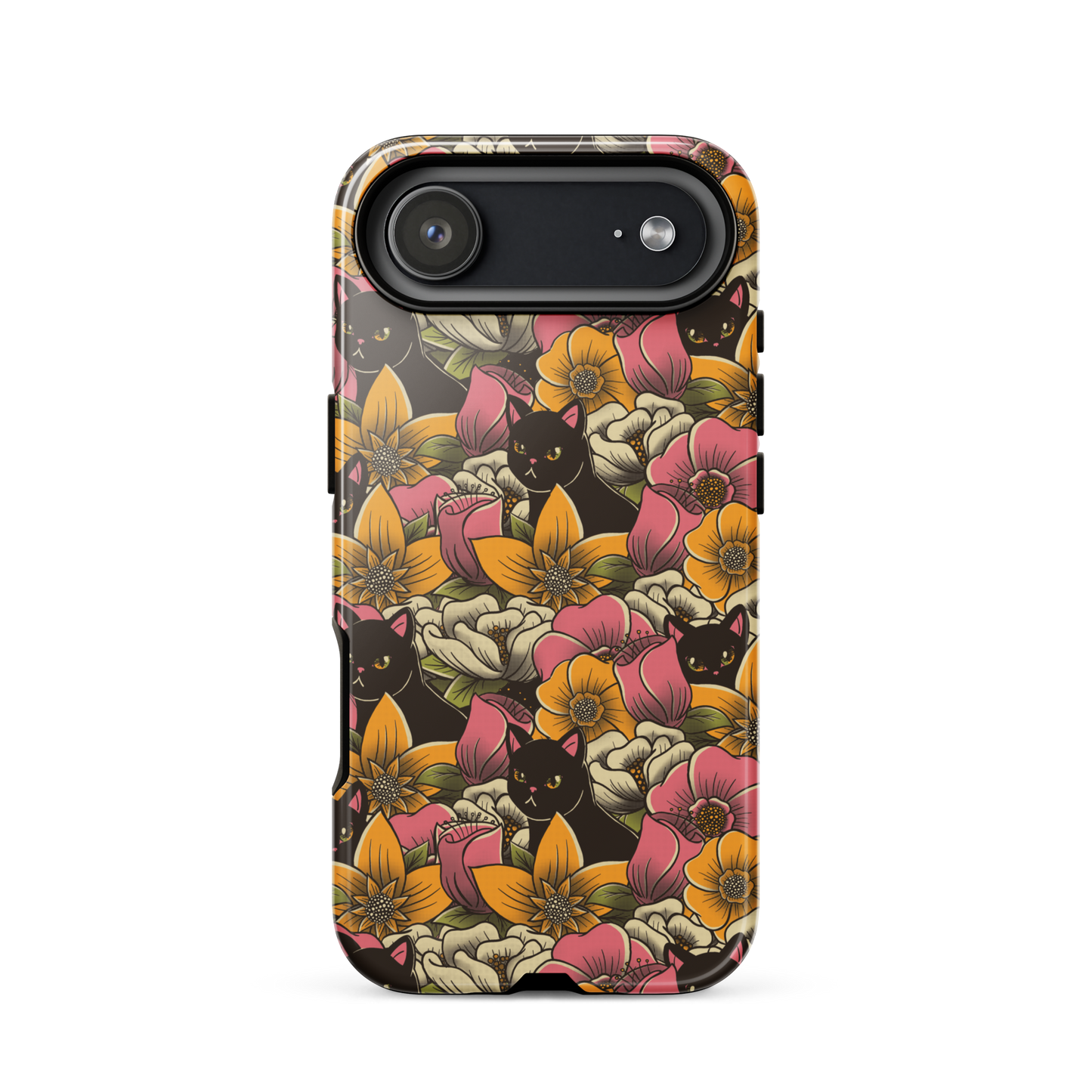 The image features a repeating pattern of colorful flowers in pink, yellow, and cream hues with lush green foliage. Interspersed among the flowers are playful black cats with bright eyes. The design has a whimsical and vibrant feel, ideal for various products like t-shirts, stickers, coffee cups, and skateboards. The style is reminiscent of traditional floral art blended with playful elements of animal decor.