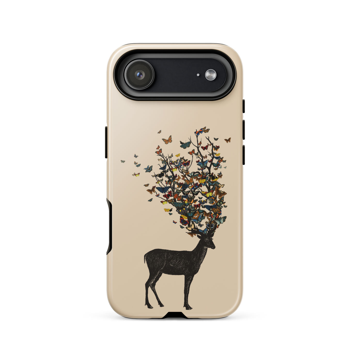 The image depicts a dark, silhouetted deer standing on a neutral background. Instead of branches, its antlers transform into a swirling cloud of vibrant, colorful butterflies that extend upwards and outward. The mix of organic and ethereal elements creates a captivating and whimsical visual contrast.