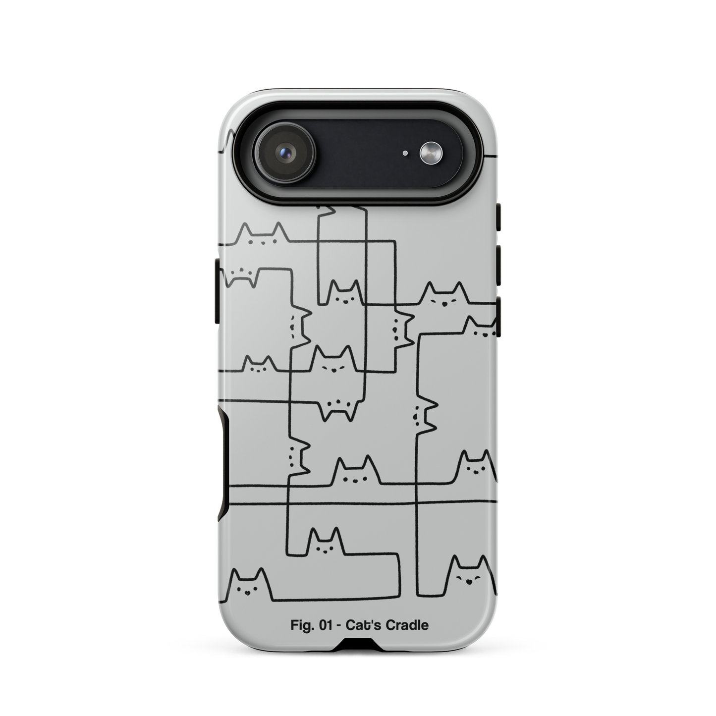 A minimalist artwork of cats drawn with simple black lines, connected as if they were part of a game of string. This design is inspired by the classic "cat's cradle," perfect for cat lovers, fans of quirky line art, and anyone who appreciates clever, lighthearted illustrations.