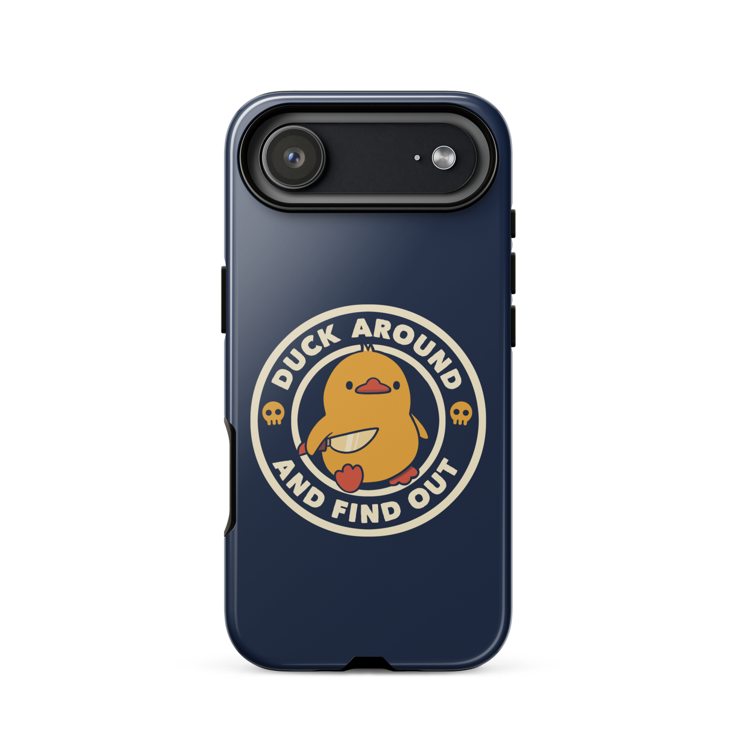 A cute yellow duck holding a small knife, around it the text "Duck Around And Find Out". An art that mixes humor with the temperament of ducks.