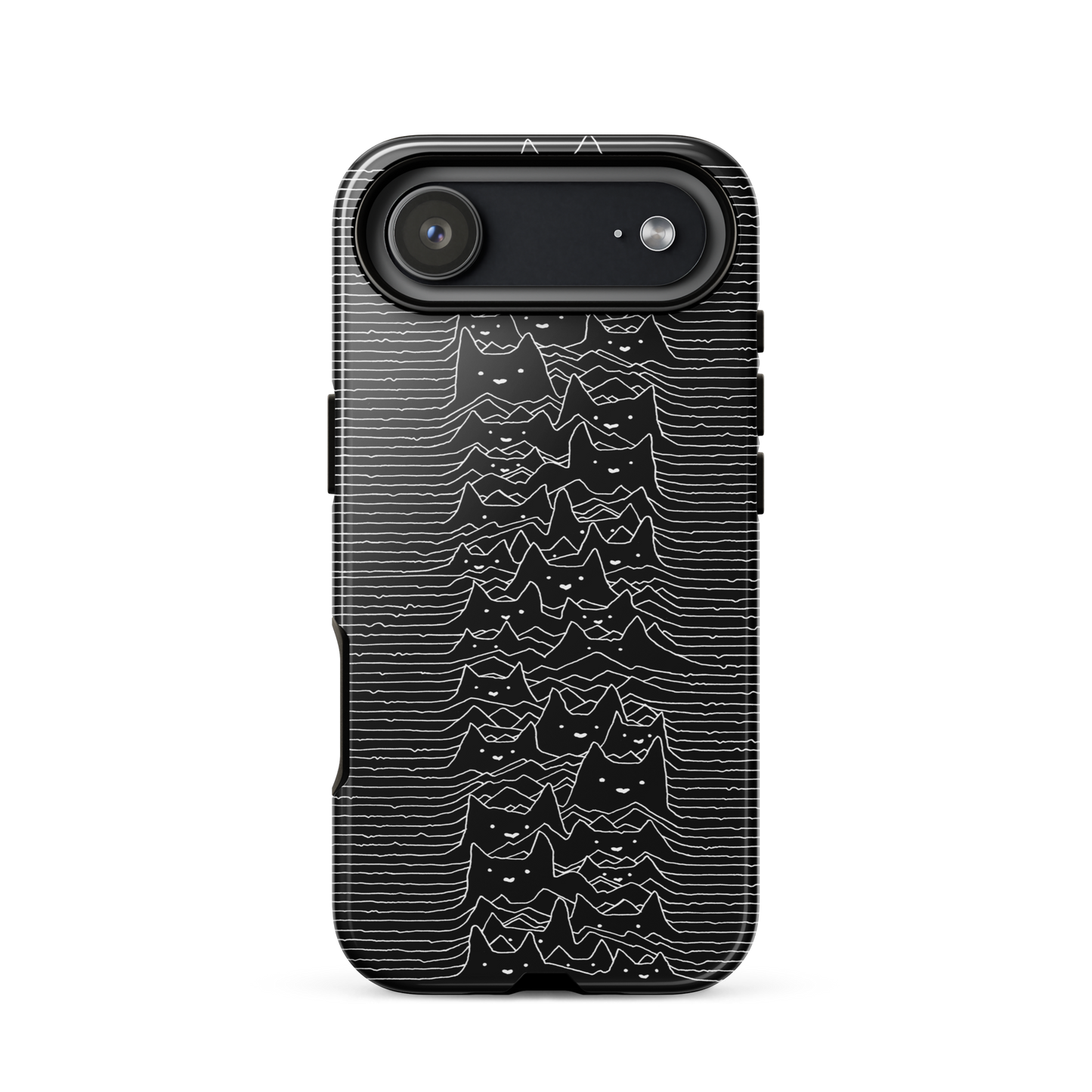 The drawing is a series of continuous wavy lines forming a pattern reminiscent of sound waves or topographic maps, but with an unexpected twist: the lines create the shapes of numerous cat faces stacked vertically. Each cat has simple, expressive features with pointed ears, adding a whimsical element to the otherwise structured pattern.