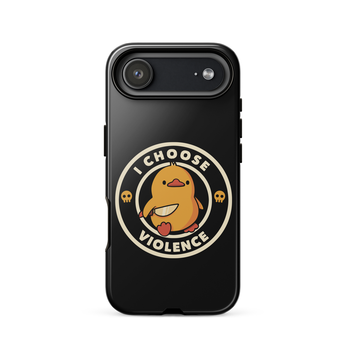 A cute, cartoon-style yellow duckling stands confidently holding a large knife in its wing. The duckling is encircled by text saying 'I CHOOSE VIOLENCE' in bold white letters. Small skull symbols flank the chick on either side, adding a touch of humor and irony to the otherwise adorable drawing.