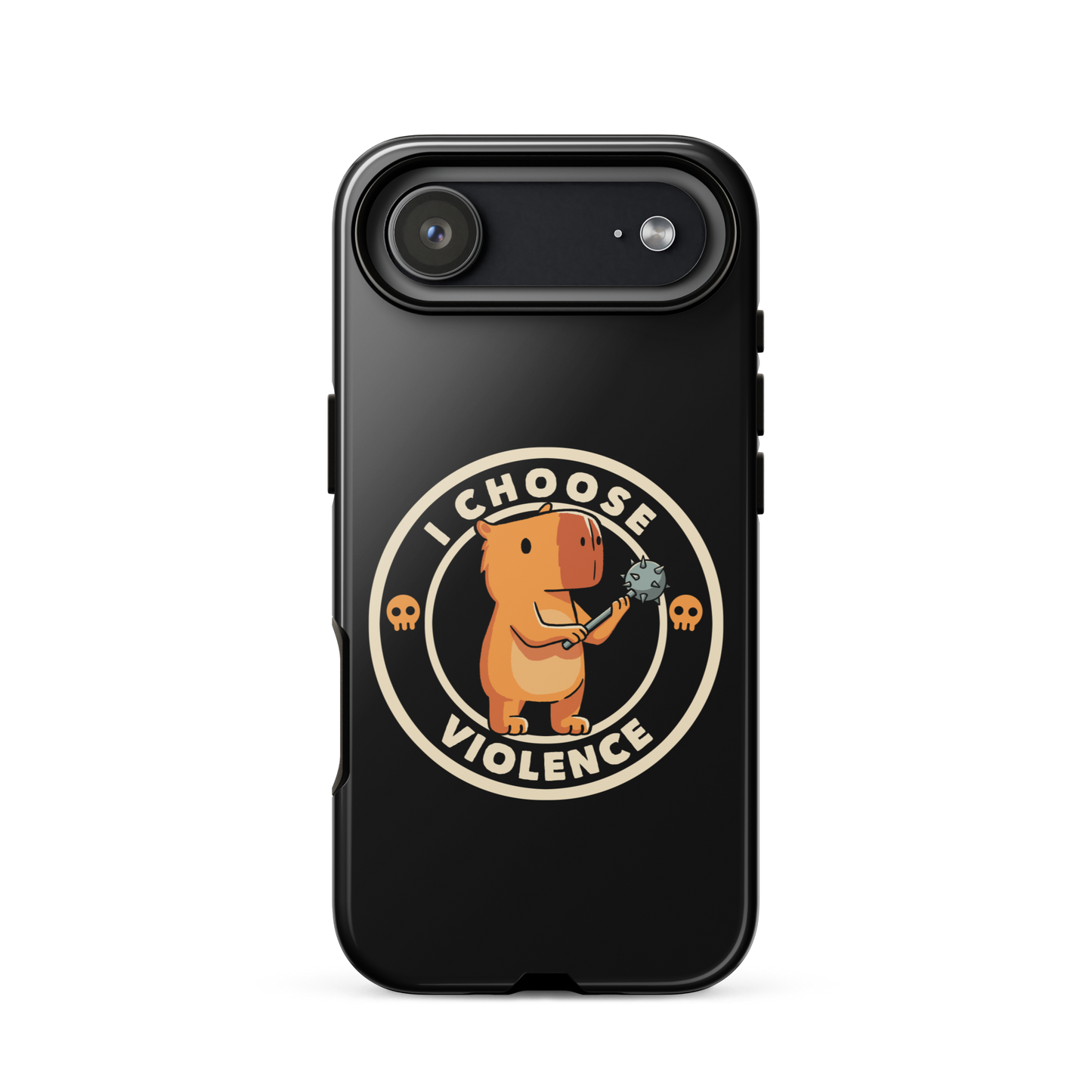 A cute, cartoonish burnt yellow capybara stands holding a spiked mace with a determined expression. Surrounding it is a circular design with the text 'I CHOOSE VIOLENCE' and two small skulls on either side, giving it a humorous yet ironic tone.
