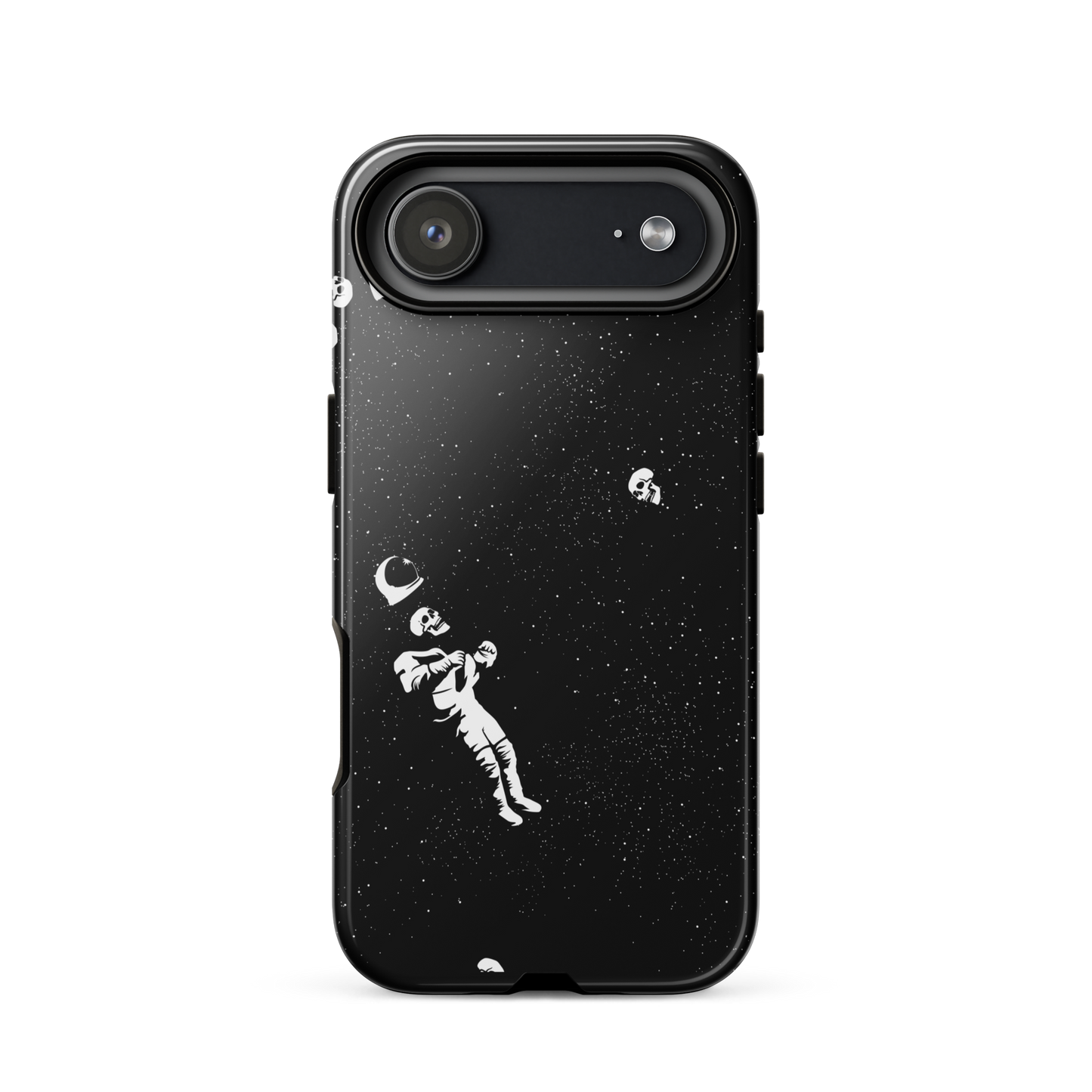 This image features a white astronaut figures floating in a dark, starry space background. The astronaut is surrounded by small celestial bodies and crescent moons, giving a sense of drifting through the cosmos. The design is intricate and has a whimsical, dreamy quality, with a vintage-inspired look, evoking a sense of exploration and wonder.