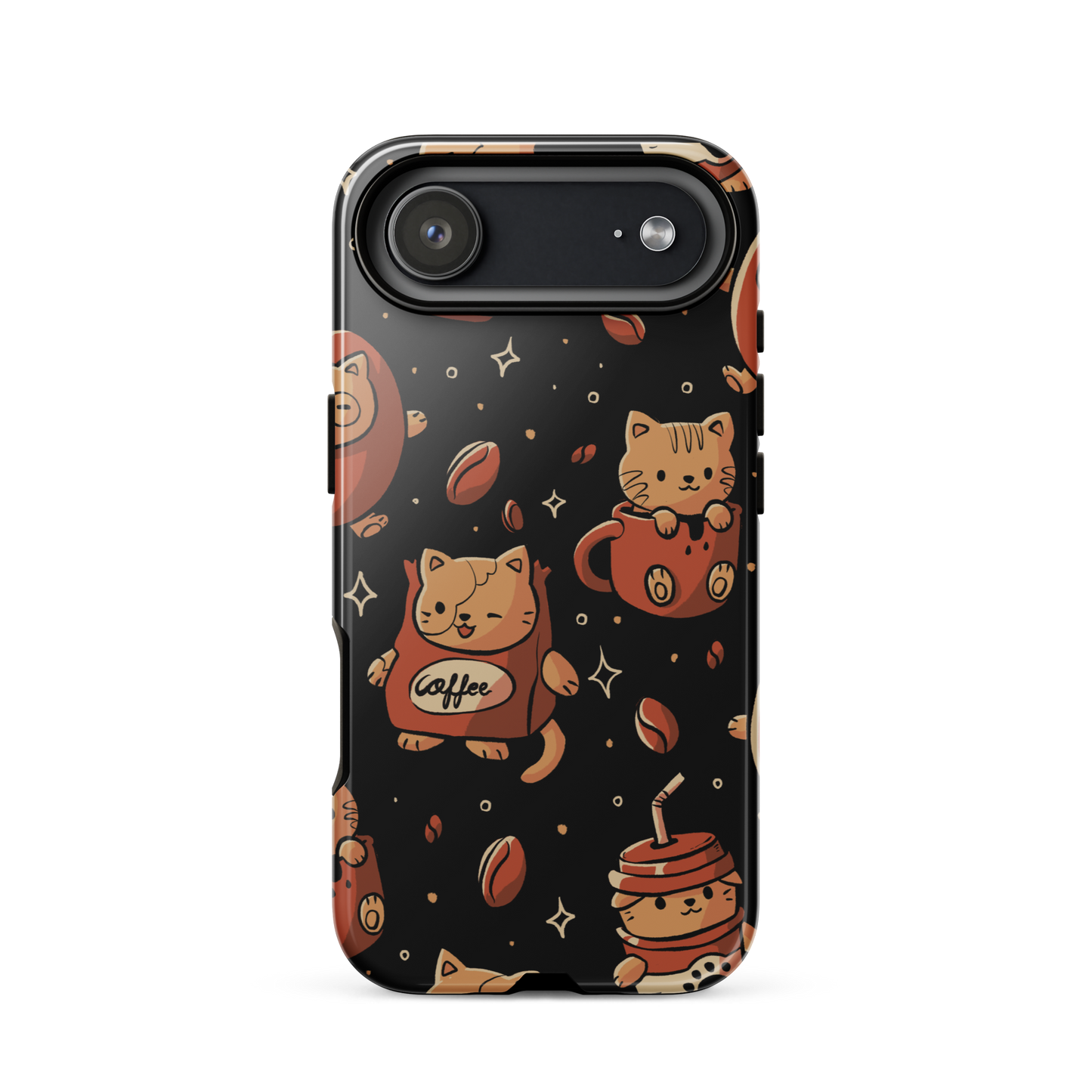 A pattern featuring several cute kittens appears in different coffee-themed versions: inside cups, as coffee beans, and on playful packaging. This artwork combines a love for cats and coffee in a charming and humorous composition. Perfect for cat lovers, coffee lovers, baristas, and anyone who enjoys cute and cozy designs.