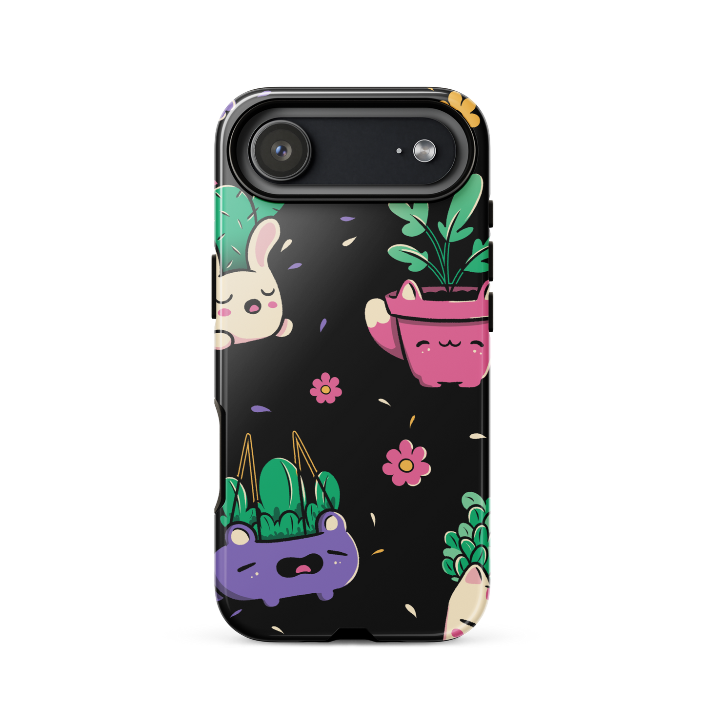 An endearing pattern featuring petite potted plants creatively shaped like adorable animals, arranged in a charming repeating composition. This enchanting design is perfect for plant enthusiasts who adore greenery and love surrounding themselves with whimsical, nature-inspired details.