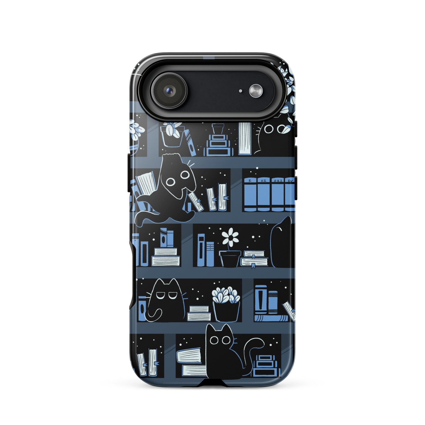 A pattern designed to resemble one large bookshelf filled with books, plants and playful little black kittens tucked between the shelves. An artwork in shades of black and blue, perfect for those who love cats, books and plants.