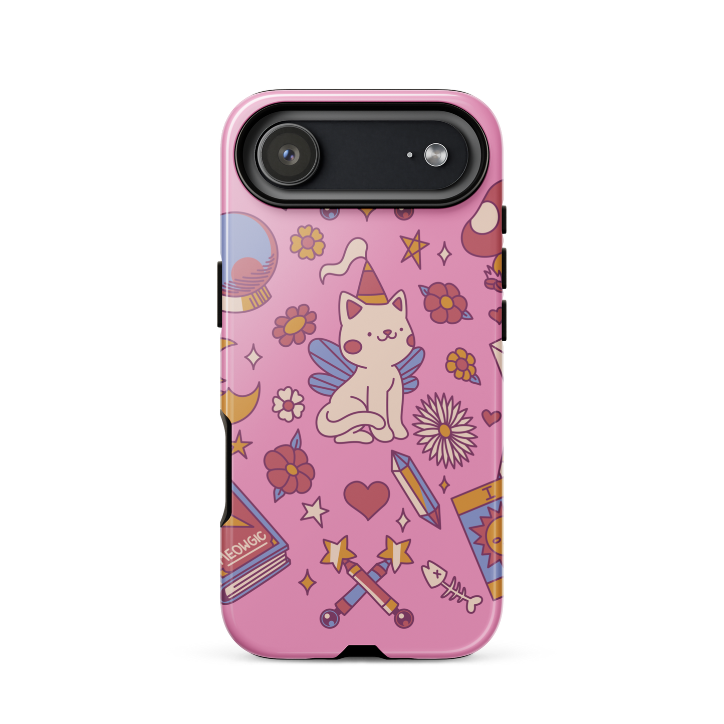 The artwork depicts a magical kitten with wings and a little hat, surrounded by crystals, flowers, tarot cards, mushrooms, and mystical elements in pastel shades. The design blends cute fantasy with colorful witchy aesthetics, creating an enchanting, lighthearted composition full of fun details. Perfect for lovers of cute mysticism, tarot, magical cats, and anyone who enjoys colorful prints with a magical vibe.