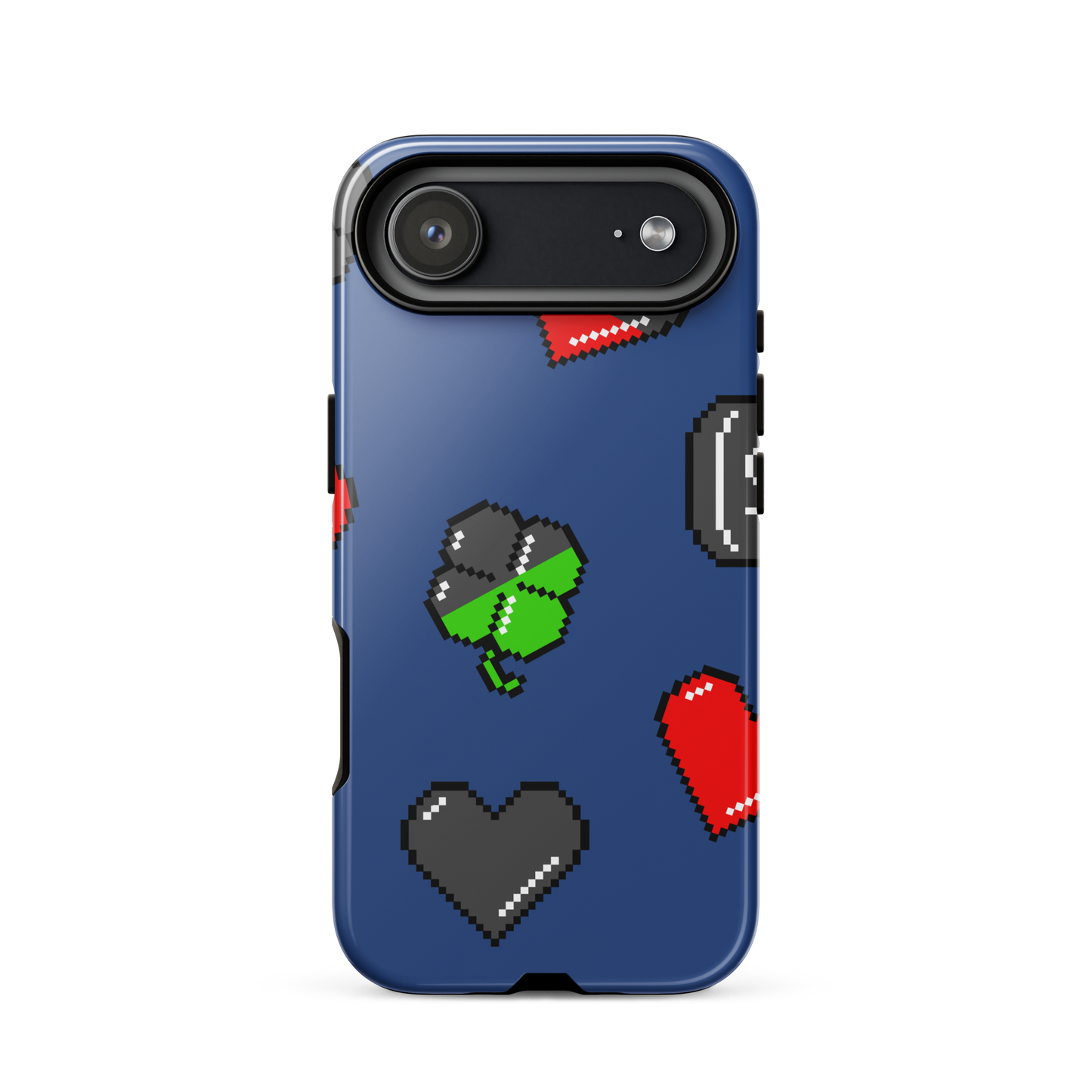 A repeating pattern made of 8-bit video game icons like hearts, four-leaf clovers, and coins. A nostalgic pixel art design inspired by classic games and retro digital culture.