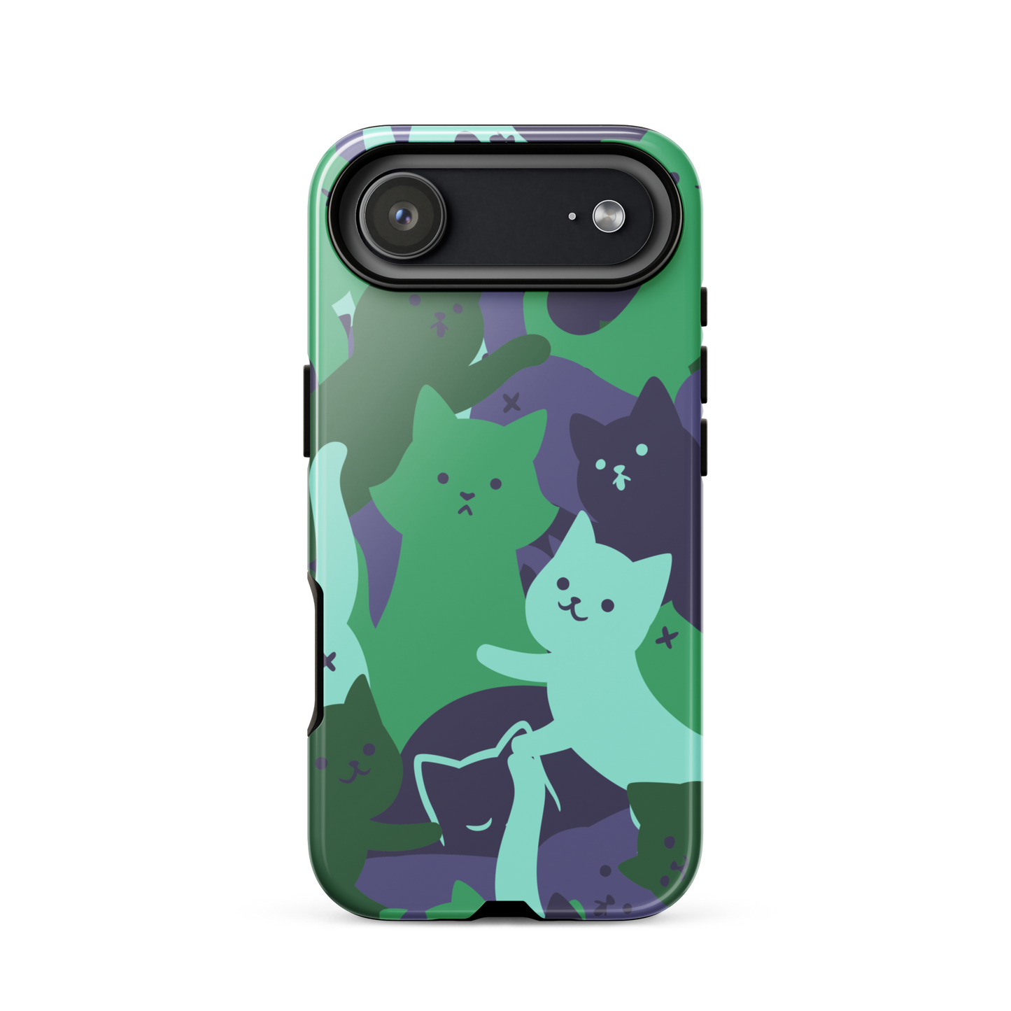 A playful pattern featuring multiple kittens in shades of green and blue, arranged to create a soft camouflage effect. This design blends cute cats with a modern pattern aesthetic, perfect for fans of fun, stylish, and whimsical art.