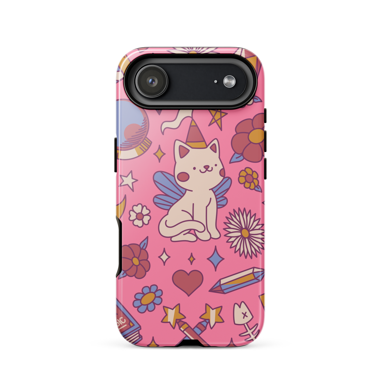 A seamless pattern featuring a magical winged kitten surrounded by crystals, flowers, tarot cards, mushrooms and other mystical elements in soft pastel tones. A playful and whimsical design with a cute, magical vibe.