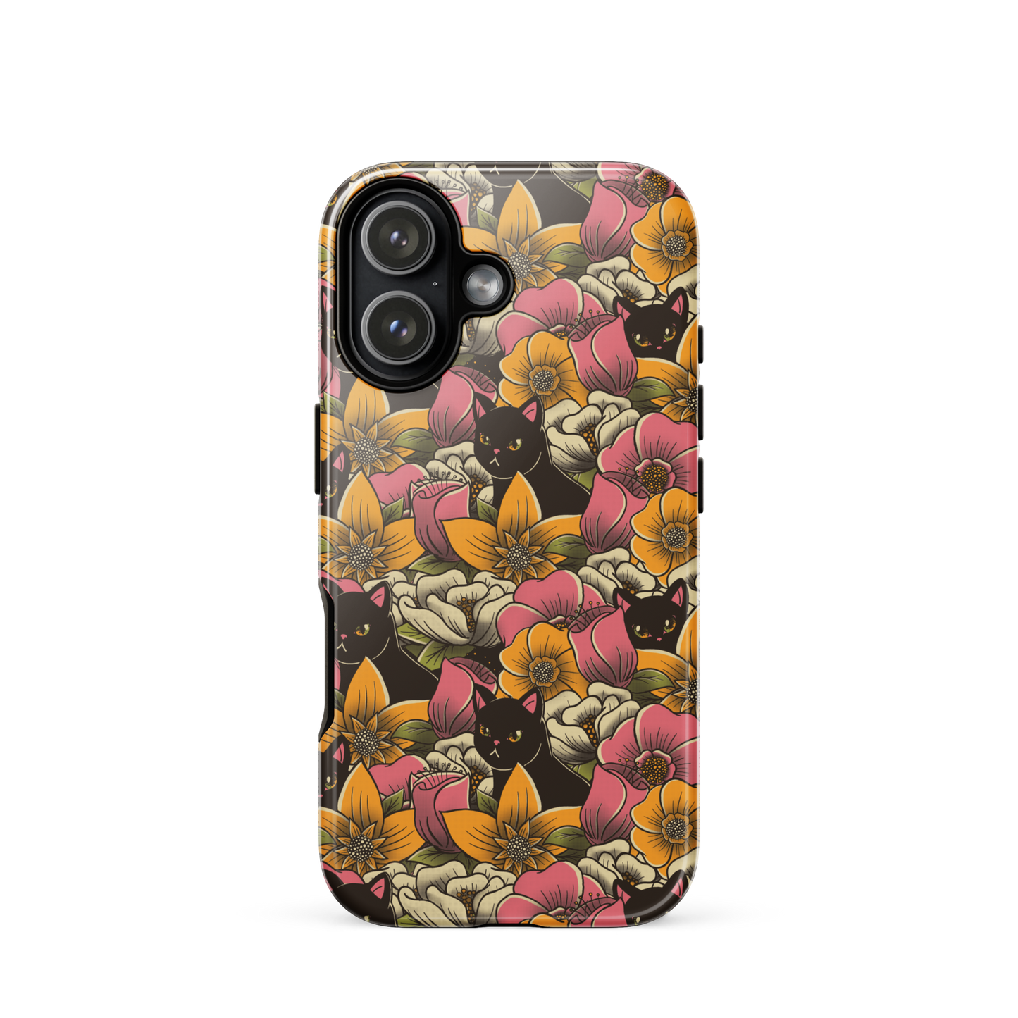 The image features a repeating pattern of colorful flowers in pink, yellow, and cream hues with lush green foliage. Interspersed among the flowers are playful black cats with bright eyes. The design has a whimsical and vibrant feel, ideal for various products like t-shirts, stickers, coffee cups, and skateboards. The style is reminiscent of traditional floral art blended with playful elements of animal decor.