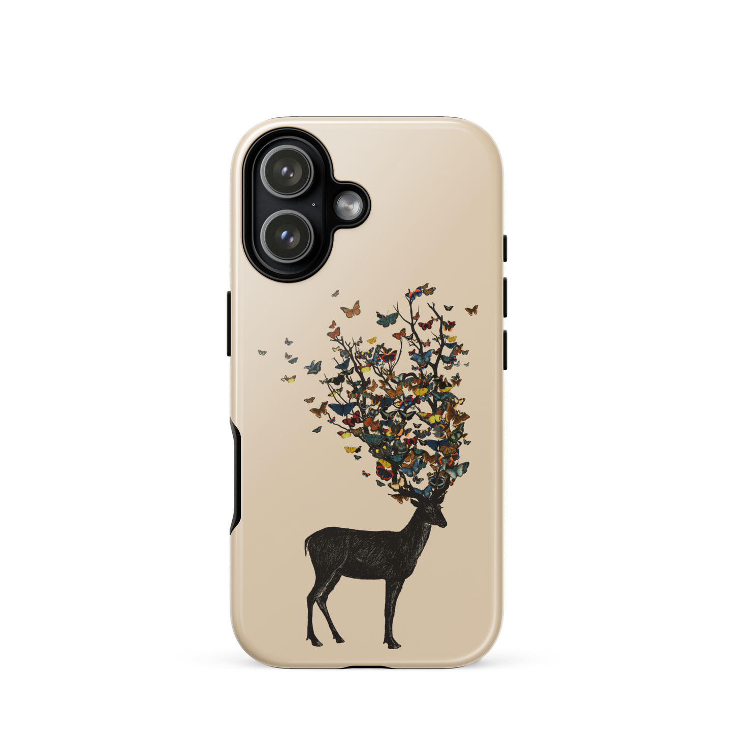 The image depicts a dark, silhouetted deer standing on a neutral background. Instead of branches, its antlers transform into a swirling cloud of vibrant, colorful butterflies that extend upwards and outward. The mix of organic and ethereal elements creates a captivating and whimsical visual contrast.