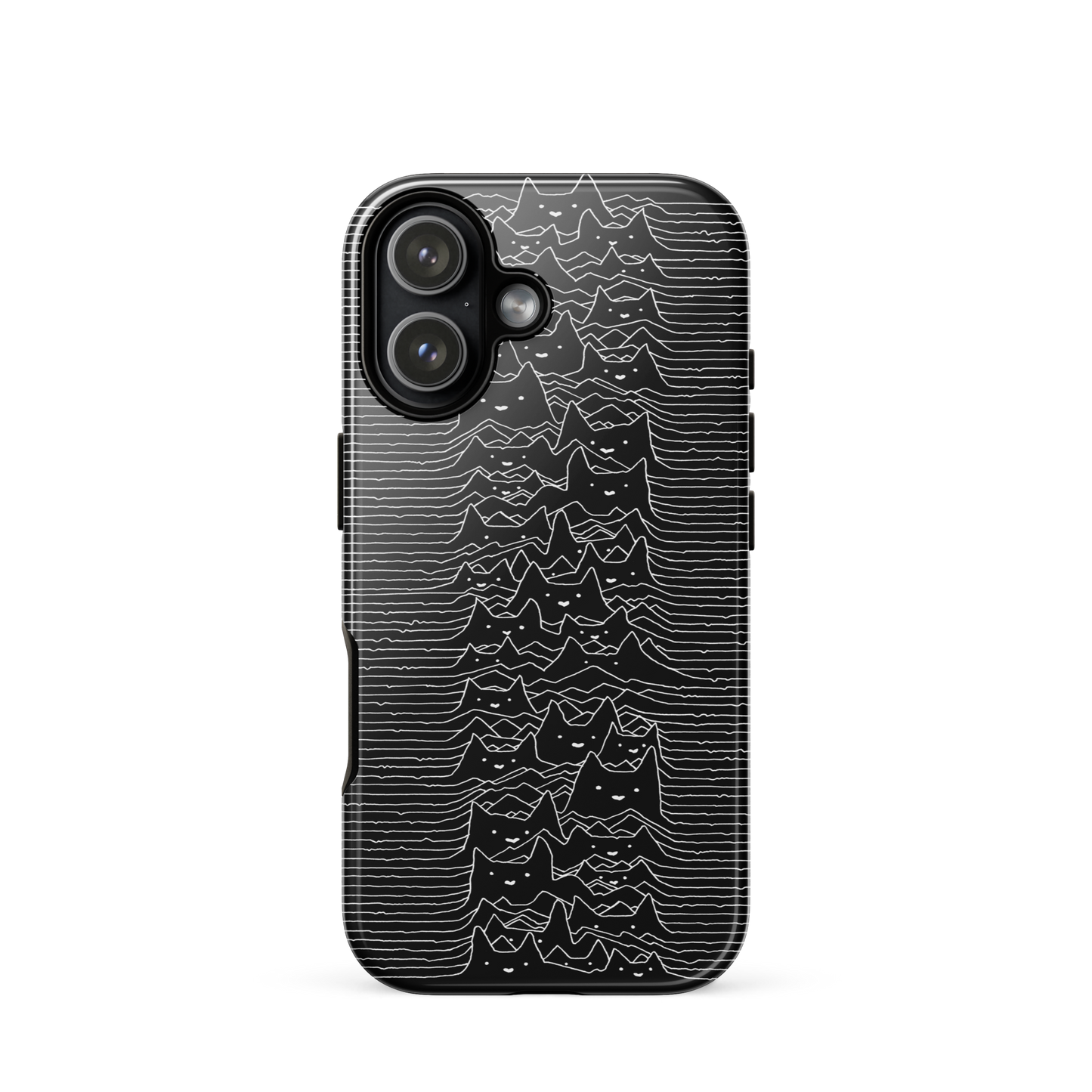 The drawing is a series of continuous wavy lines forming a pattern reminiscent of sound waves or topographic maps, but with an unexpected twist: the lines create the shapes of numerous cat faces stacked vertically. Each cat has simple, expressive features with pointed ears, adding a whimsical element to the otherwise structured pattern.