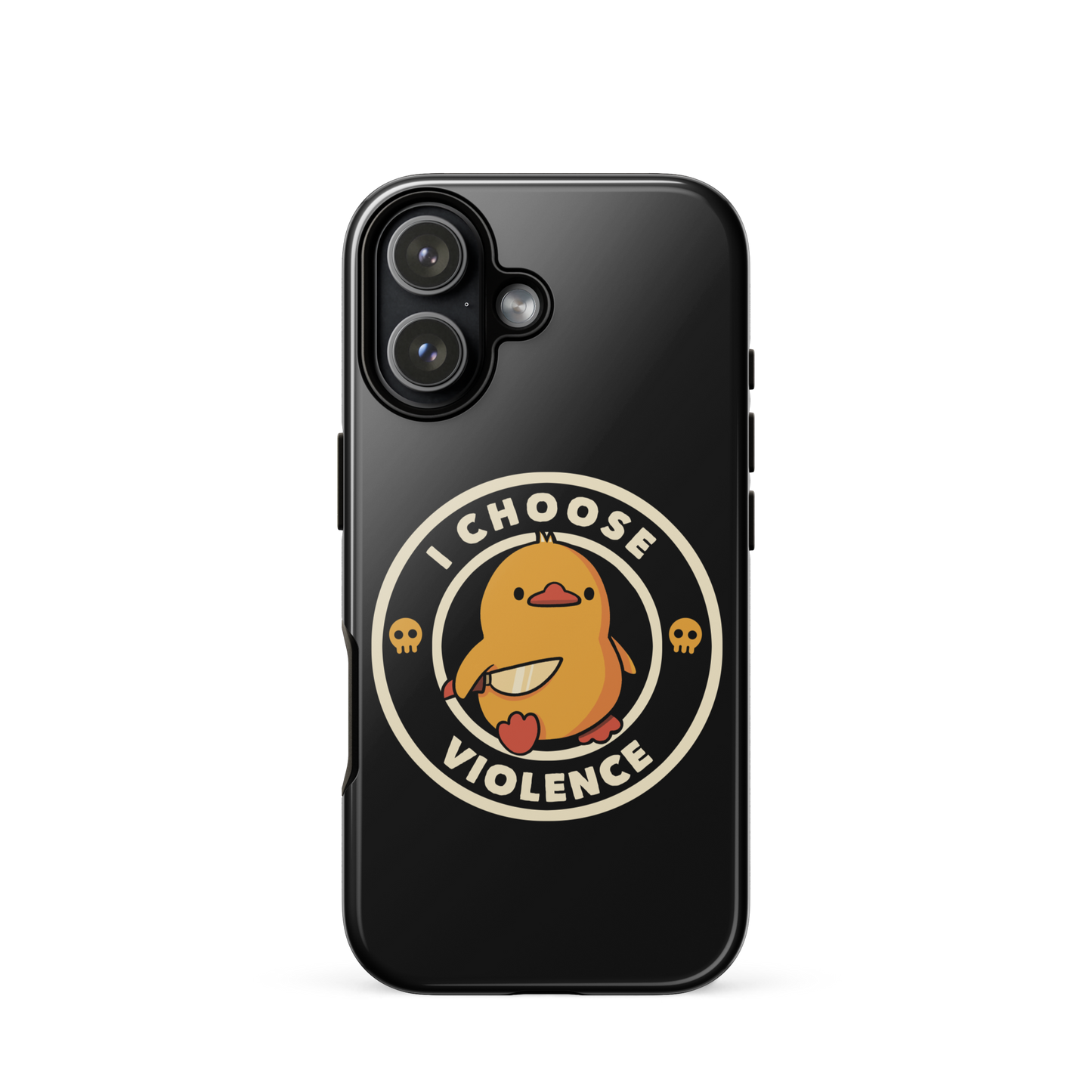 A cute, cartoon-style yellow duckling stands confidently holding a large knife in its wing. The duckling is encircled by text saying 'I CHOOSE VIOLENCE' in bold white letters. Small skull symbols flank the chick on either side, adding a touch of humor and irony to the otherwise adorable drawing.