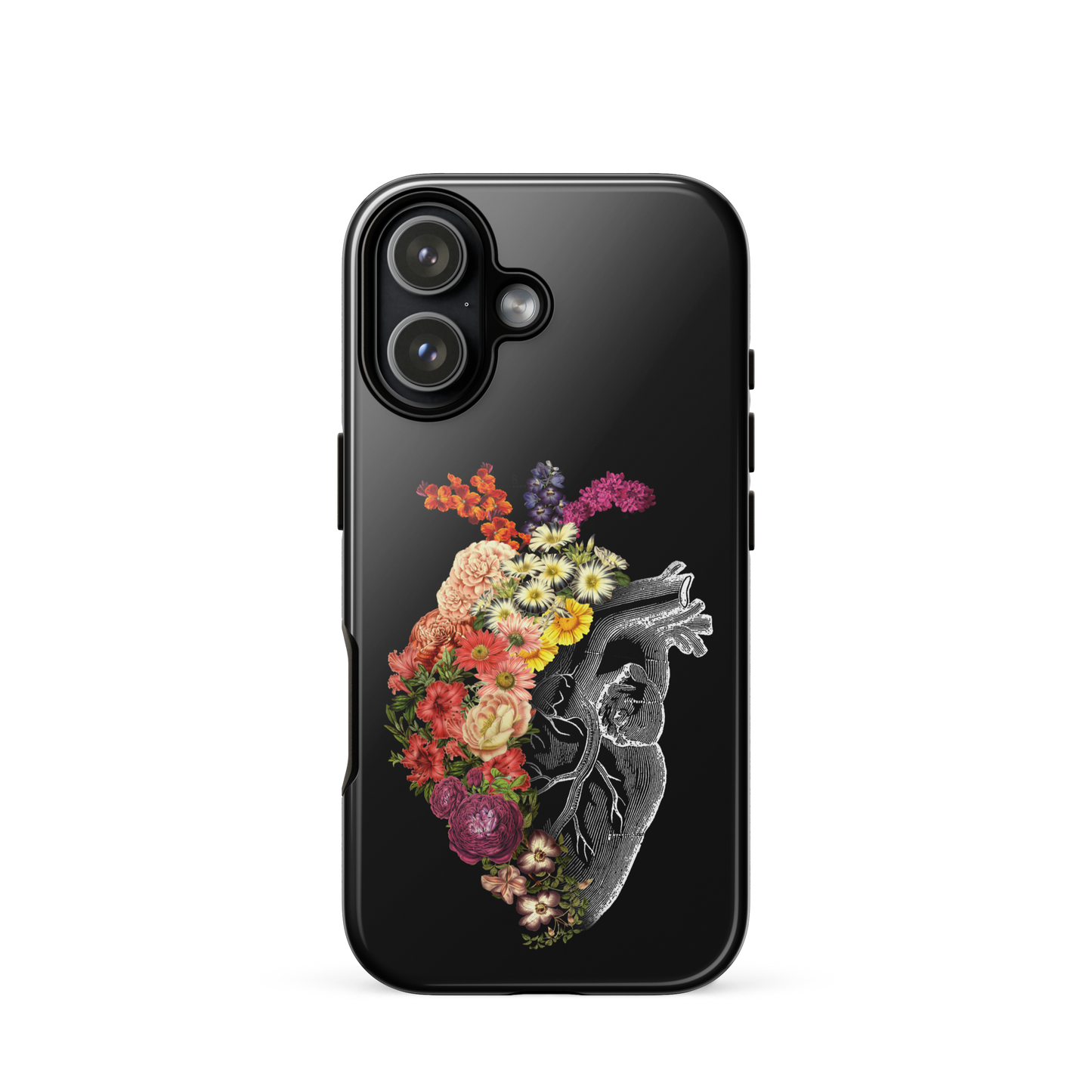 The design is an intricate and anatomical drawing of a human heart on a black background. The left side of the heart morphs into a vibrant assortment of colorful flowers, including roses, daisies, and other blooming blossoms, creating a striking contrast between the realistic and the surreal, symbolizing the harmony between nature and humanity.