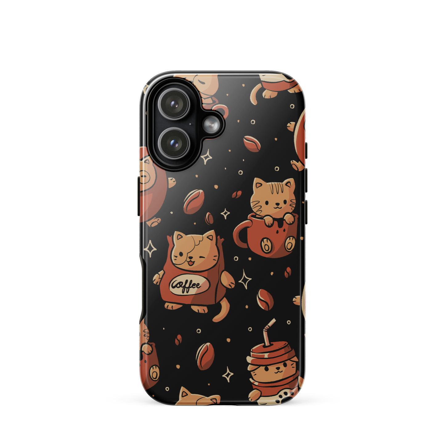 A pattern featuring several cute kittens appears in different coffee-themed versions: inside cups, as coffee beans, and on playful packaging. This artwork combines a love for cats and coffee in a charming and humorous composition. Perfect for cat lovers, coffee lovers, baristas, and anyone who enjoys cute and cozy designs.