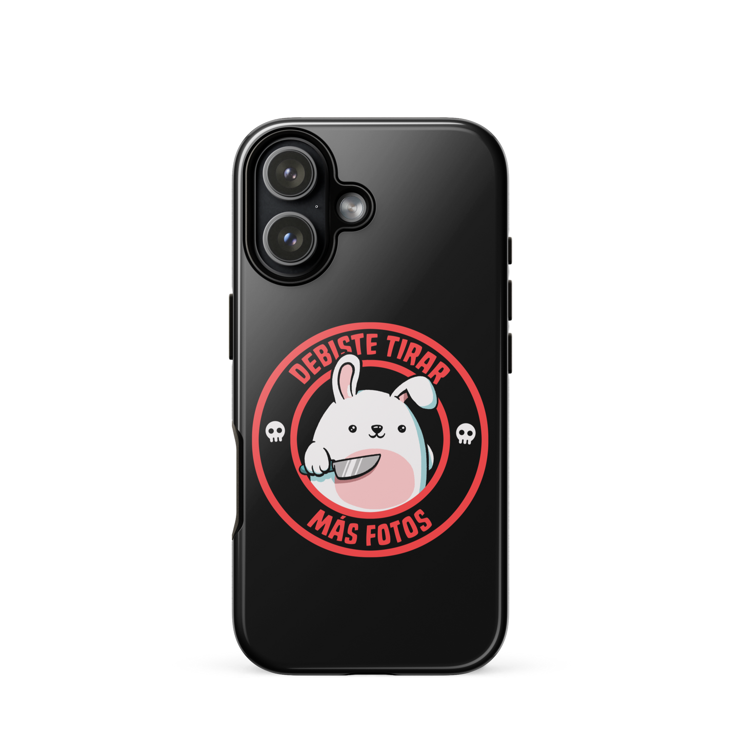 A cute white cartoon bunny with a pink belly stands holding a large kitchen knife in one paw. Surrounding the bunny is a red circular border with the words 'DEBISTE TIRAR MÁS FOTOS'. Small skull icons are on either side of the circle. The overall tone is a mix of adorable and ironic humor.