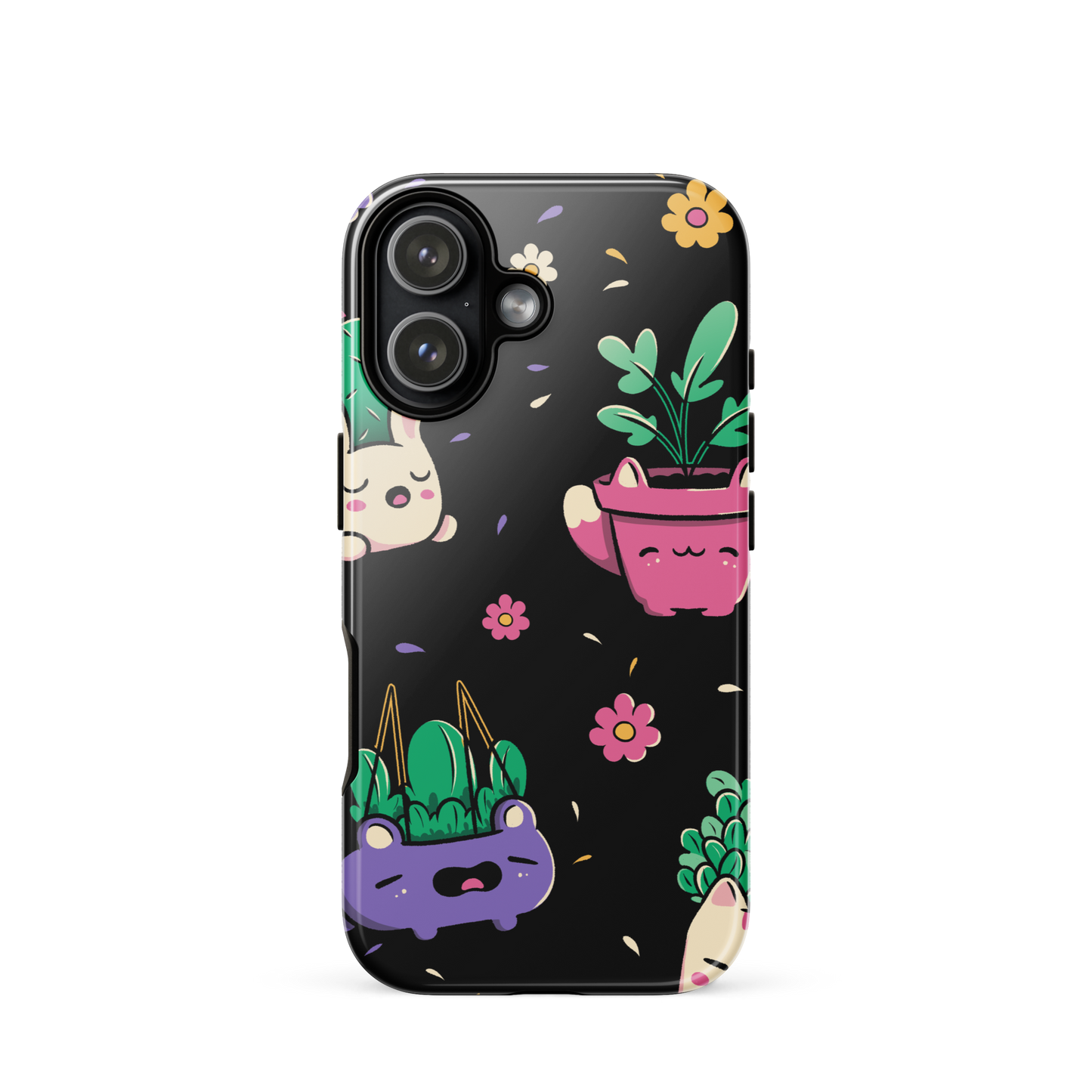 An endearing pattern featuring petite potted plants creatively shaped like adorable animals, arranged in a charming repeating composition. This enchanting design is perfect for plant enthusiasts who adore greenery and love surrounding themselves with whimsical, nature-inspired details.