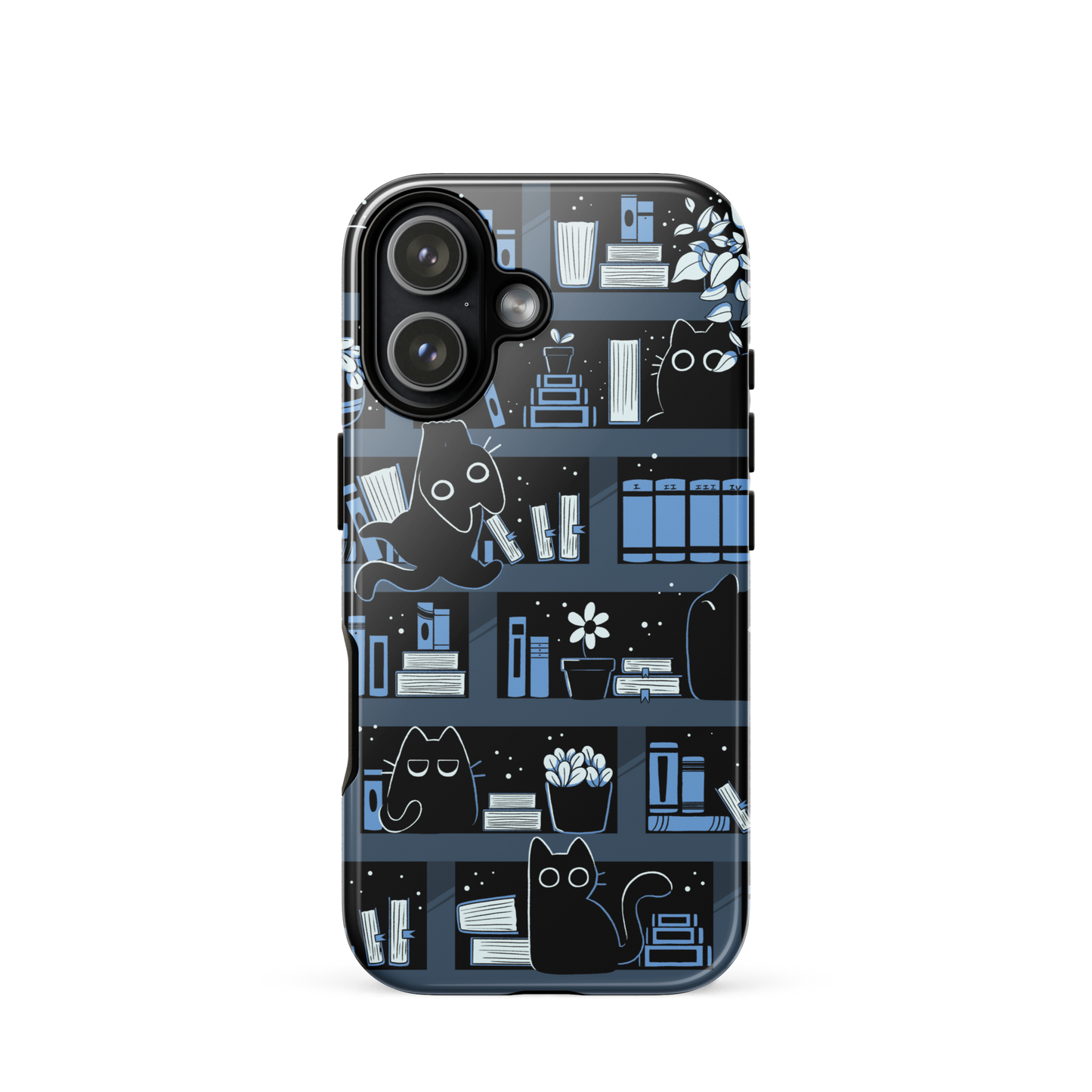 A pattern designed to resemble one large bookshelf filled with books, plants and playful little black kittens tucked between the shelves. An artwork in shades of black and blue, perfect for those who love cats, books and plants.