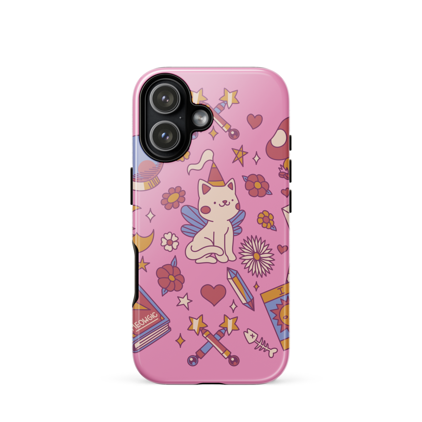 The artwork depicts a magical kitten with wings and a little hat, surrounded by crystals, flowers, tarot cards, mushrooms, and mystical elements in pastel shades. The design blends cute fantasy with colorful witchy aesthetics, creating an enchanting, lighthearted composition full of fun details. Perfect for lovers of cute mysticism, tarot, magical cats, and anyone who enjoys colorful prints with a magical vibe.